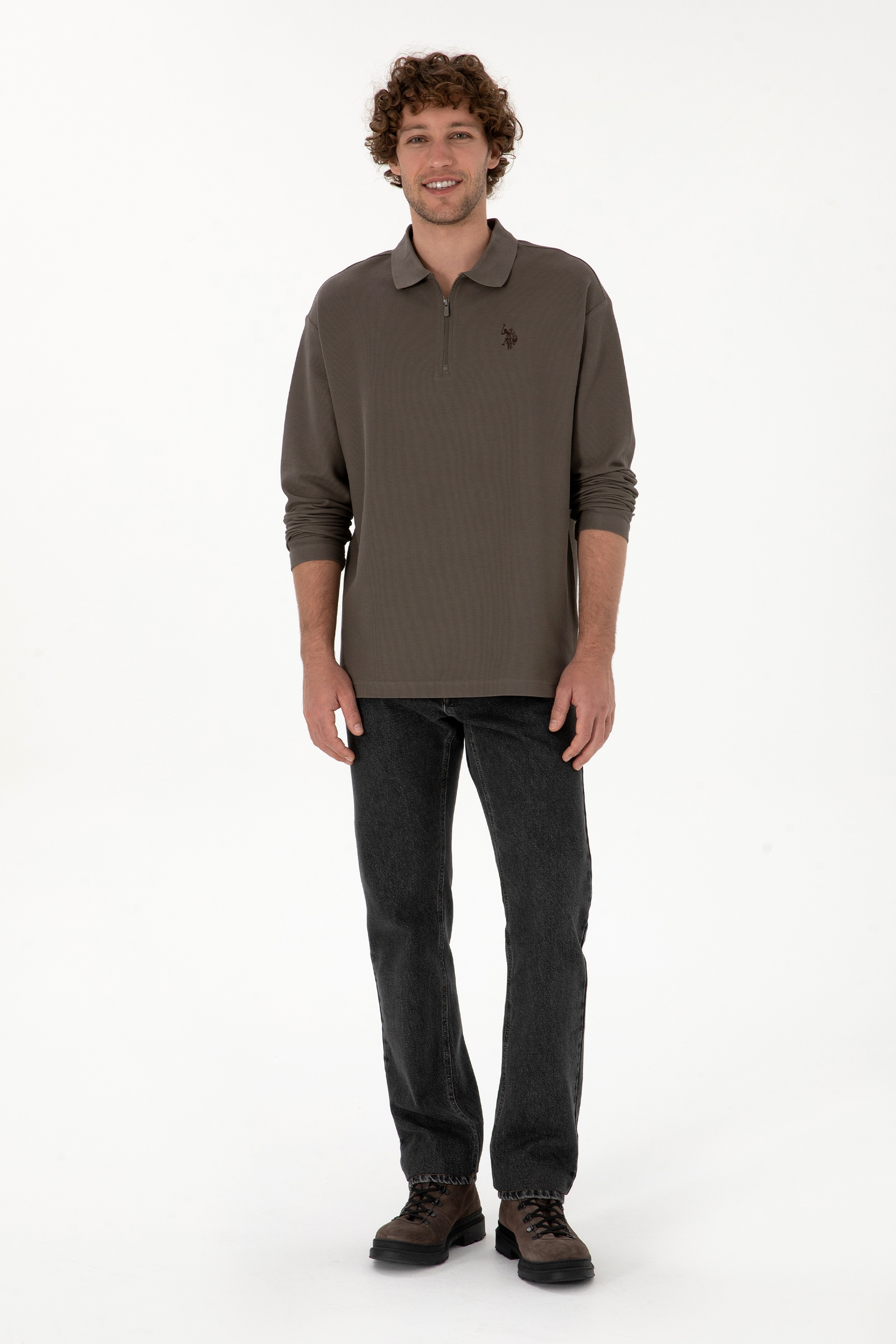 Erkek Comfort Fit Yarım Fermuarlı Vizon Sweatshirt