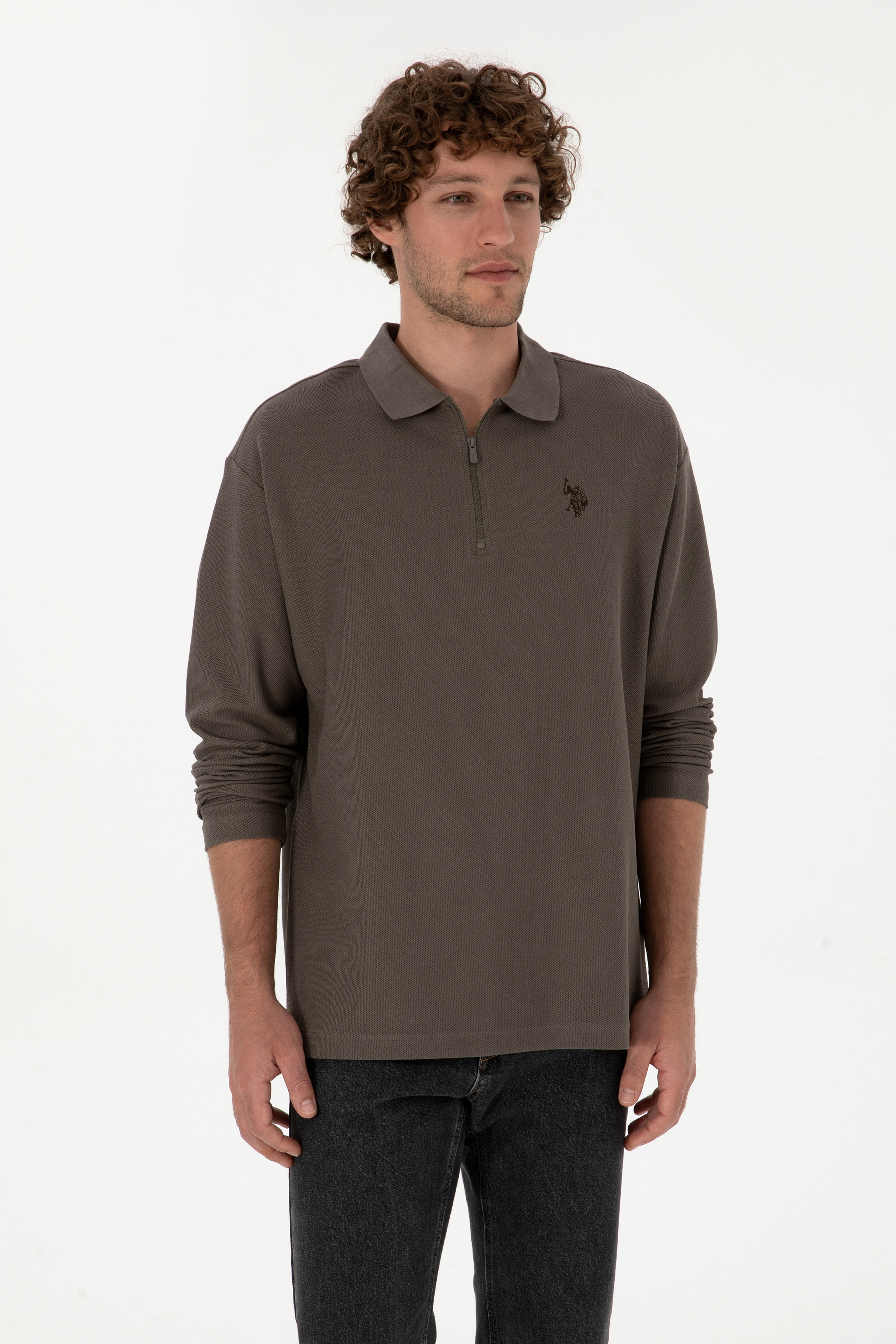 Erkek Comfort Fit Yarım Fermuarlı Vizon Sweatshirt - Image 3