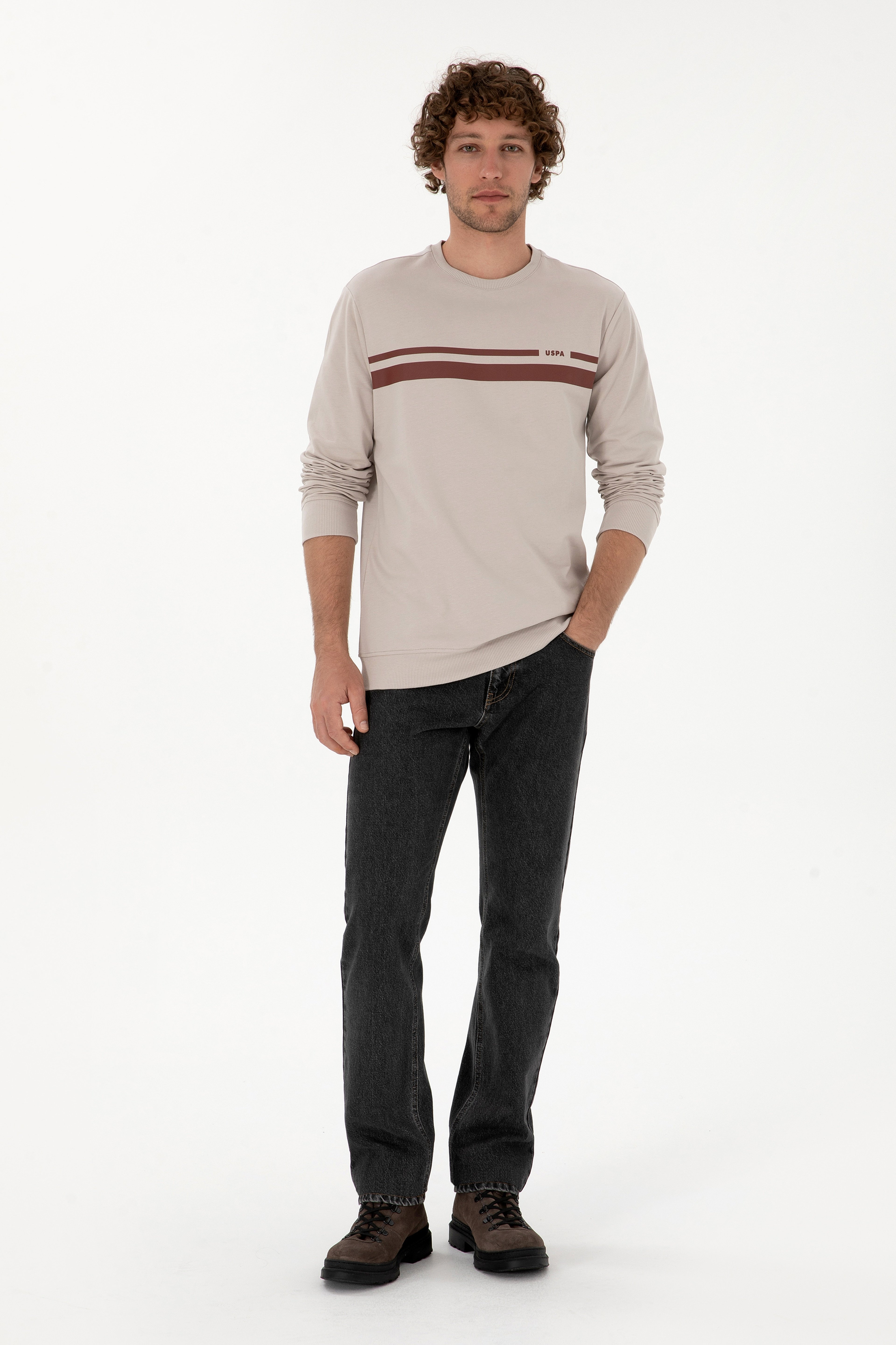 Erkek Regular Fit Bisiklet Yaka Taş İnce Sweatshirt