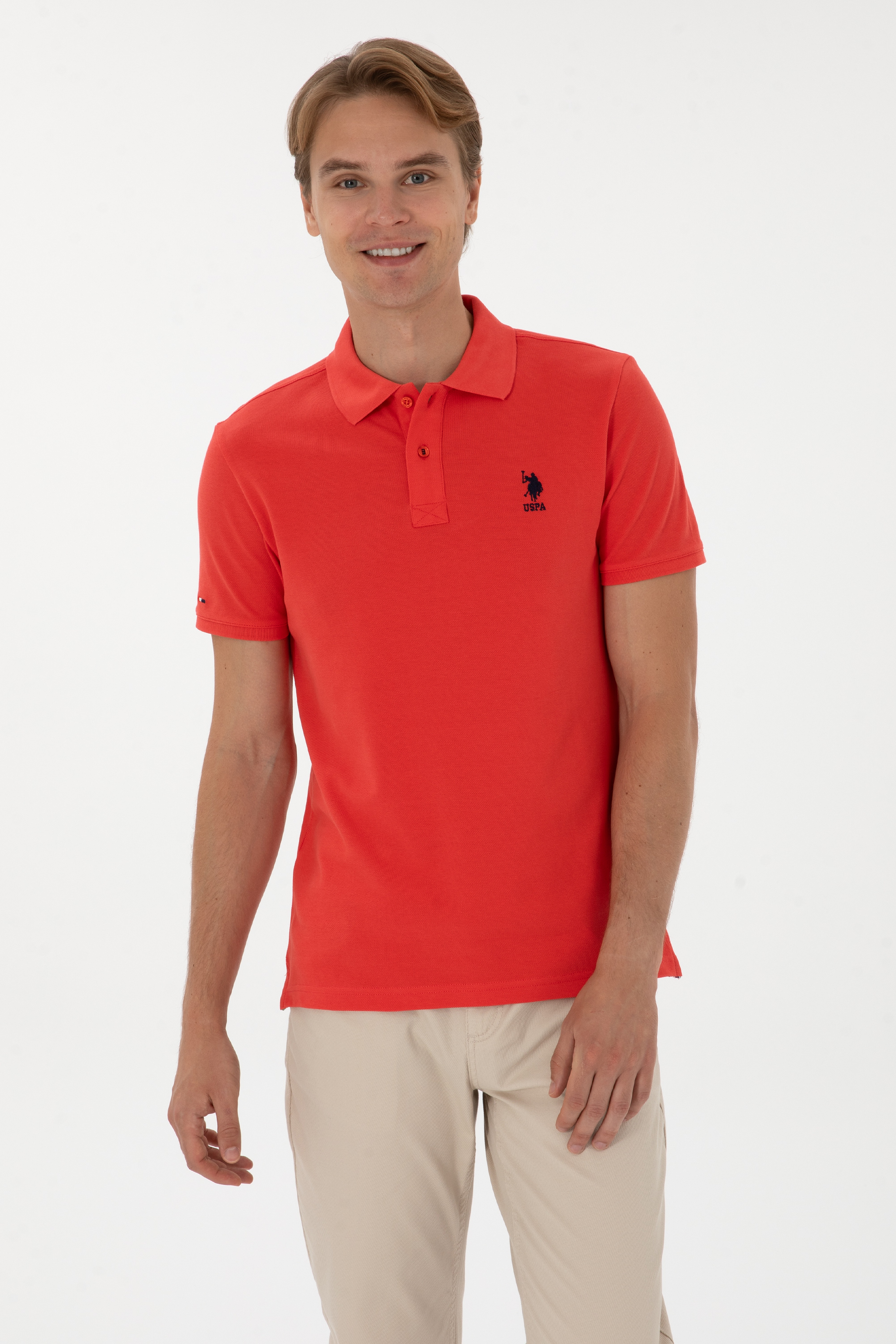Erkek Slim Fit Polo Yaka Kırmızı Basic Tişört - Image 1