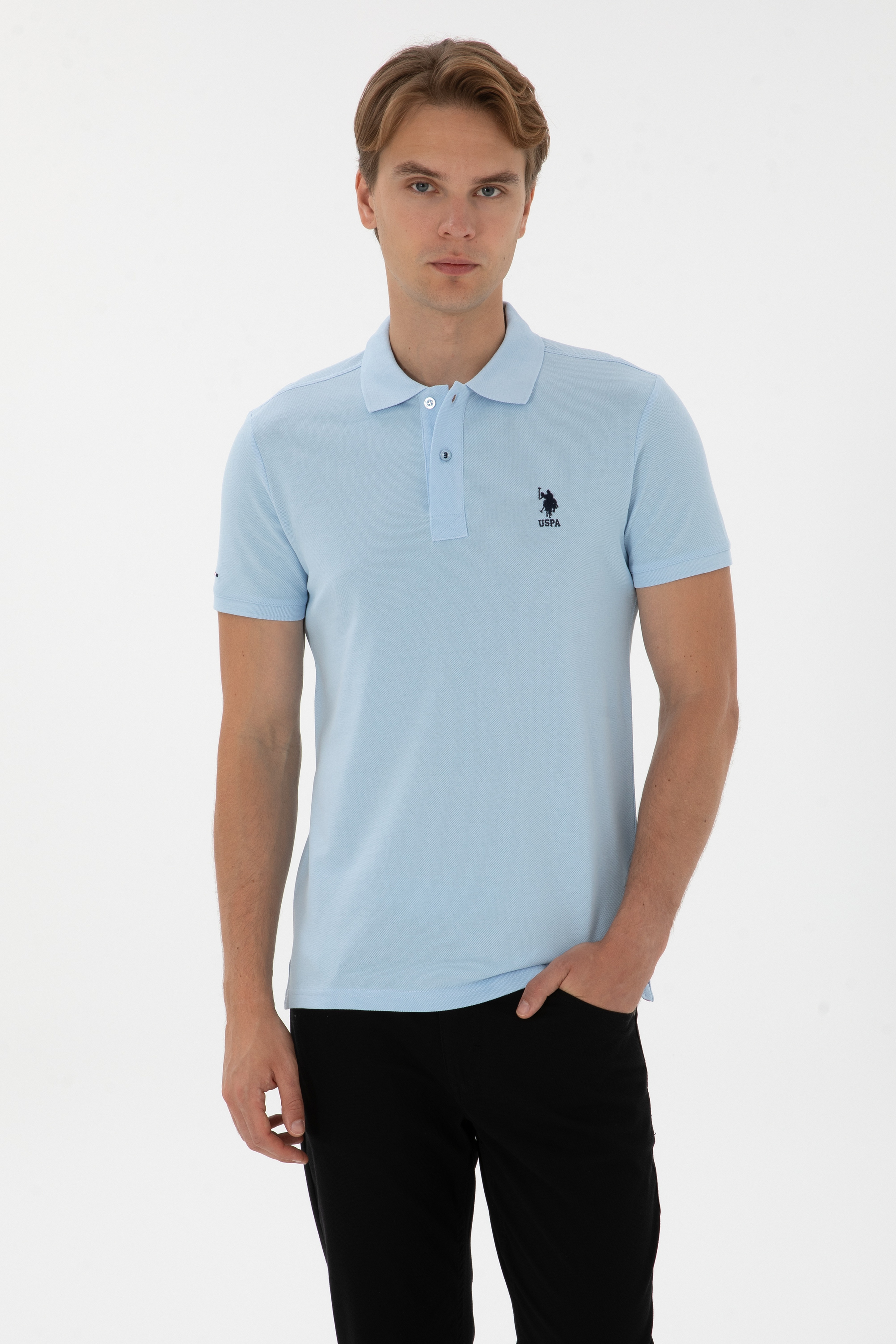 Erkek Slim Fit Polo Yaka Açık Mavi Basic Tişört - Image 1