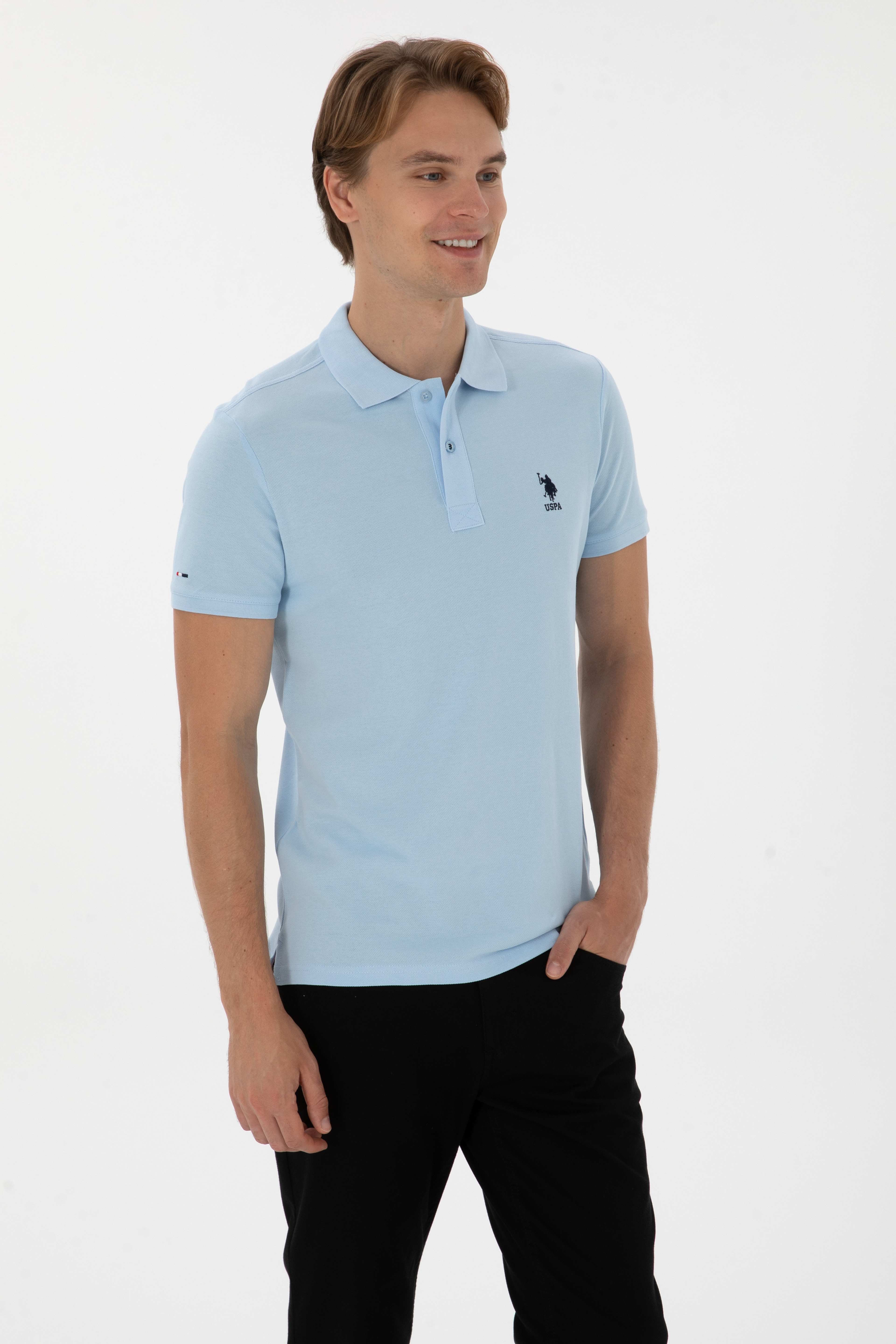 Erkek Slim Fit Polo Yaka Açık Mavi Basic Tişört