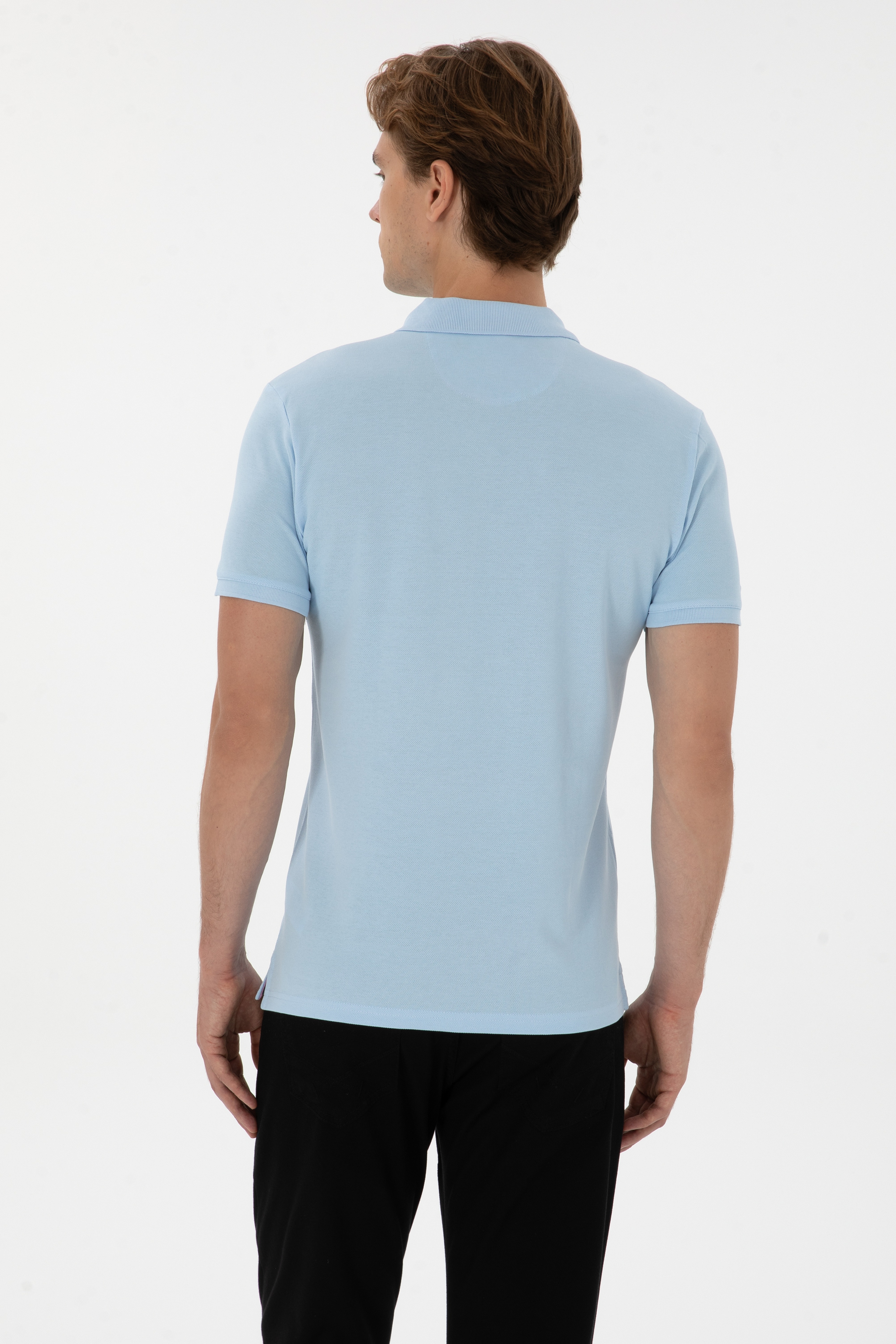 Erkek Slim Fit Polo Yaka Açık Mavi Basic Tişört - Image 5