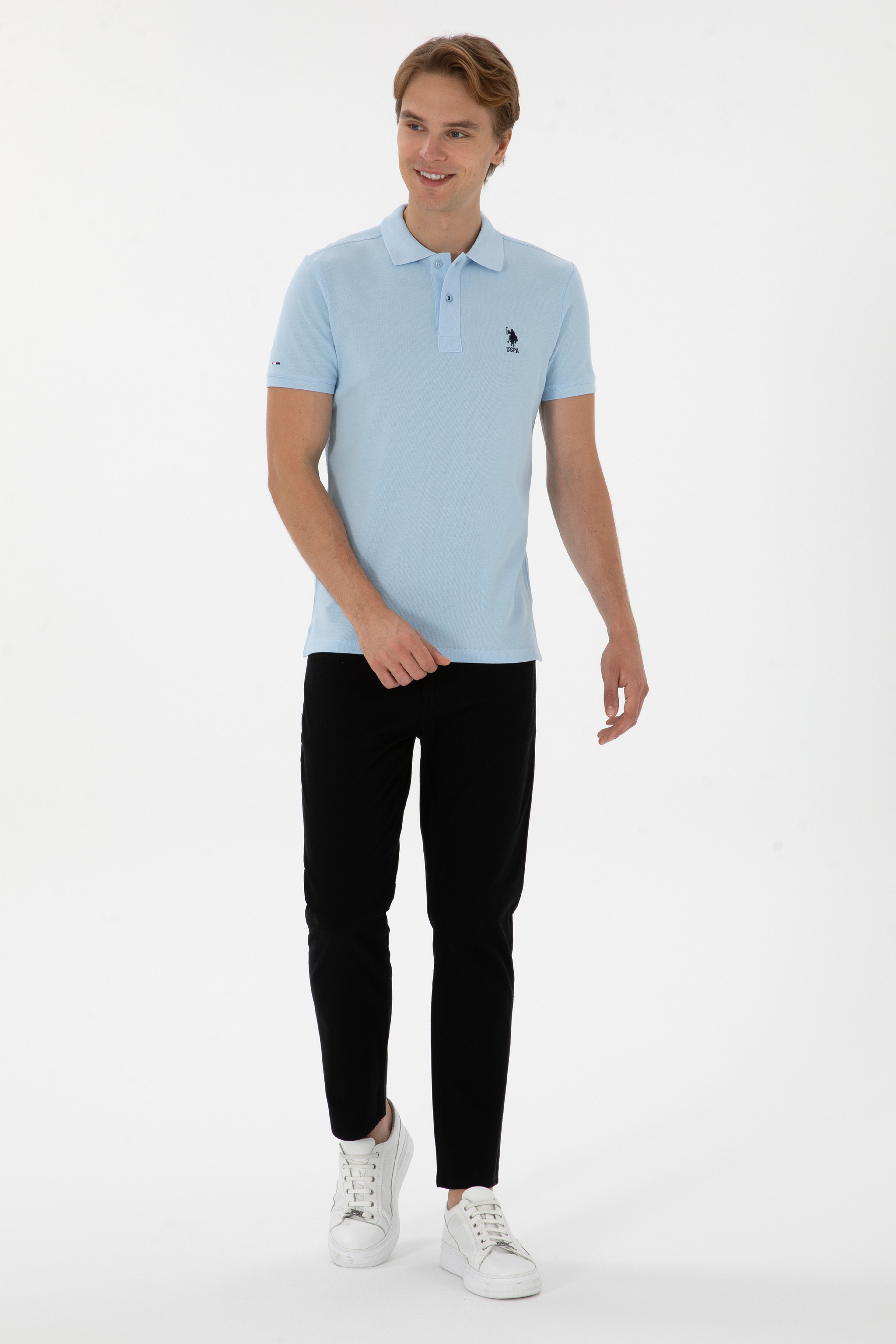 Erkek Slim Fit Polo Yaka Açık Mavi Basic Tişört - Image 4