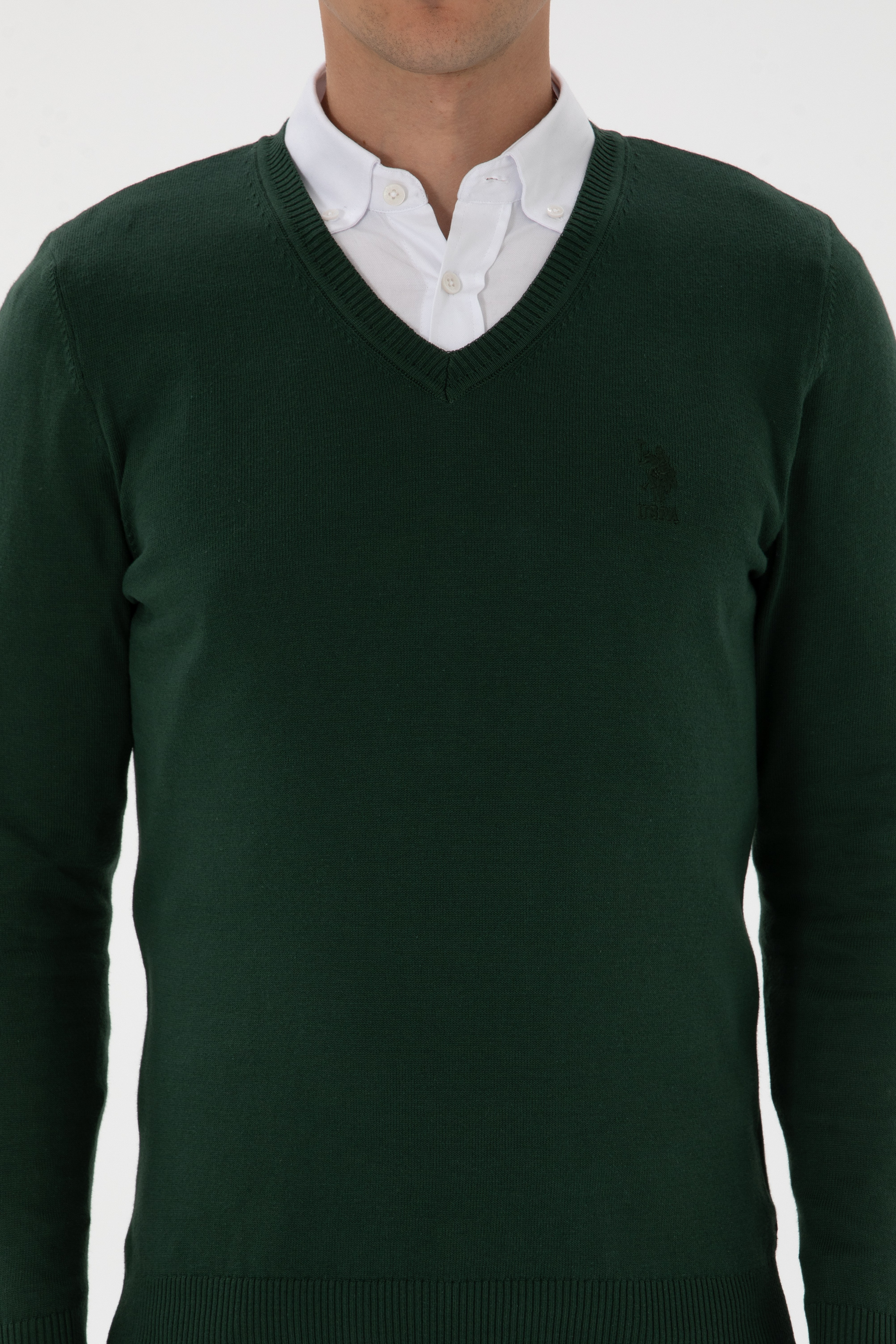 Erkek Slim Fit V Yaka Koyu Yeşil Basic Kazak - Image 6