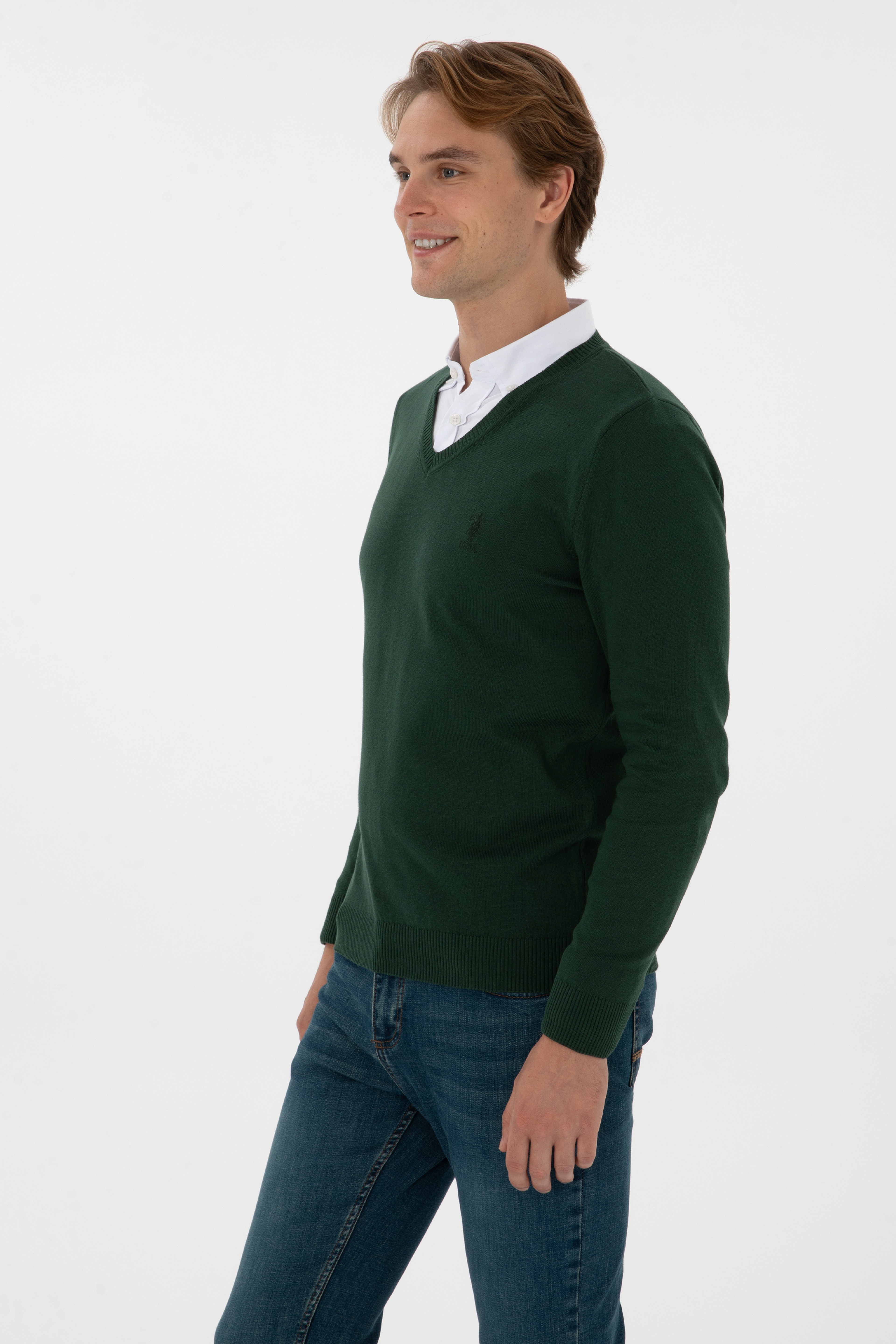 Erkek Slim Fit V Yaka Koyu Yeşil Basic Kazak