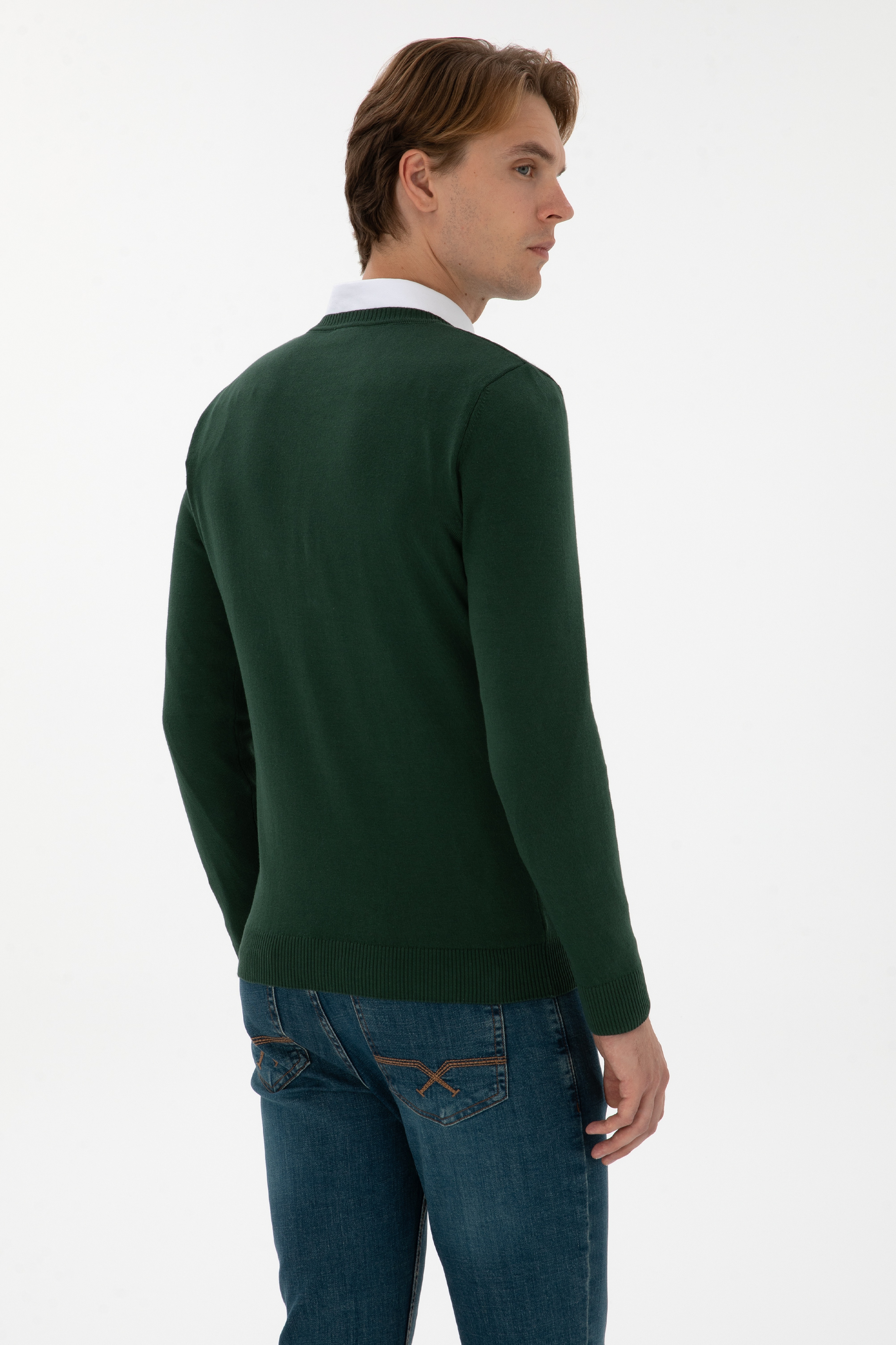 Erkek Slim Fit V Yaka Koyu Yeşil Basic Kazak