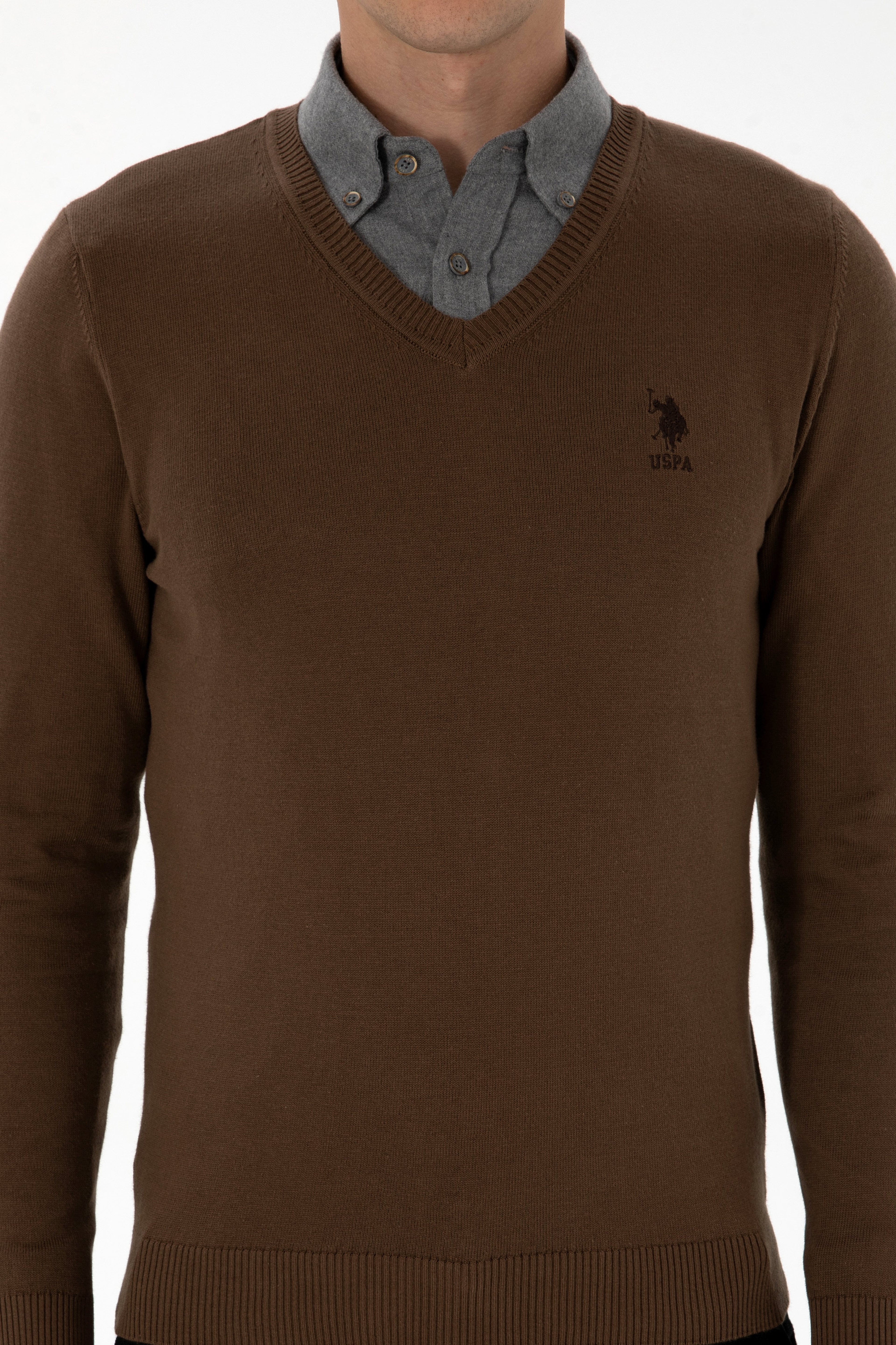 Erkek Slim Fit V Yaka Kahverengi Basic Kazak - Image 6