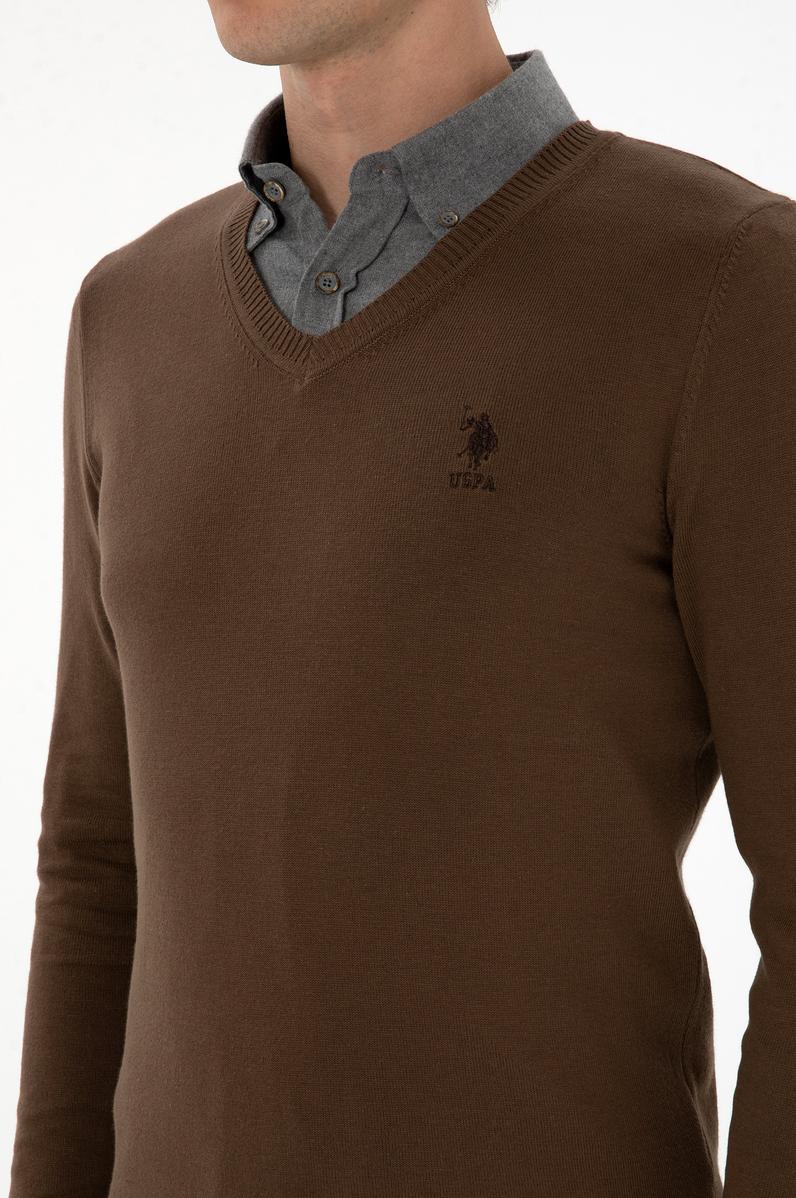 Erkek Slim Fit V Yaka Kahverengi Basic Kazak