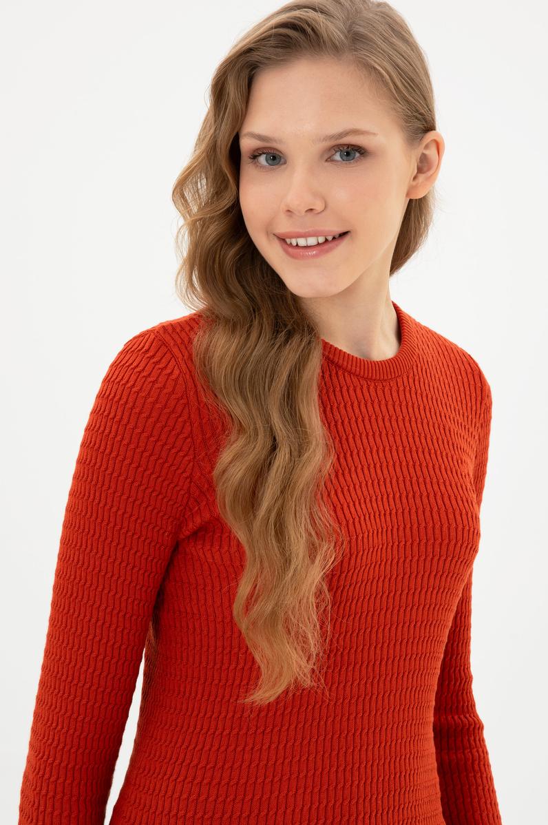 Kadın Kiremit Bisiklet Yaka Basic Kazak