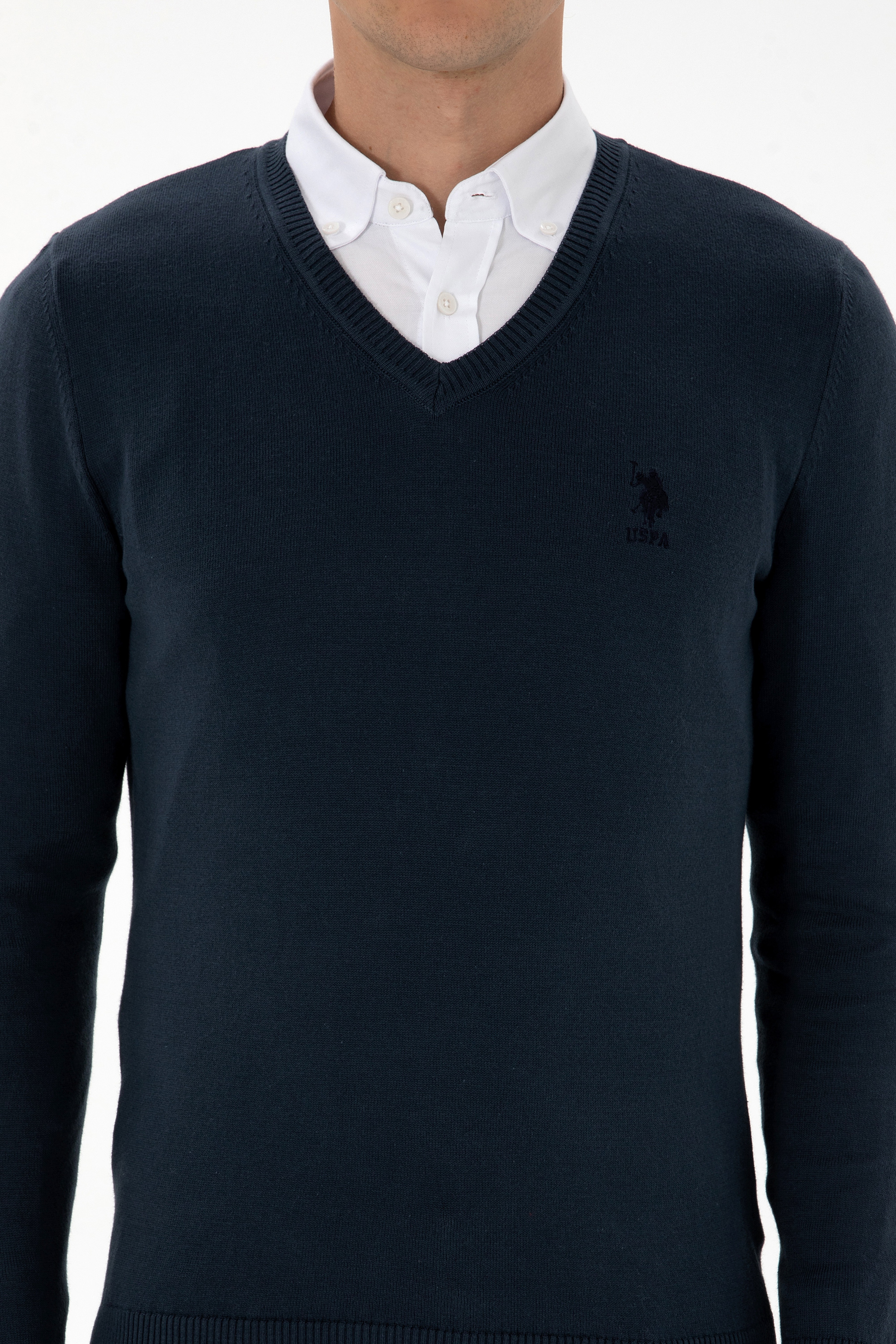 Erkek Slim Fit V Yaka Açık Lacivert Basic Kazak - Image 6