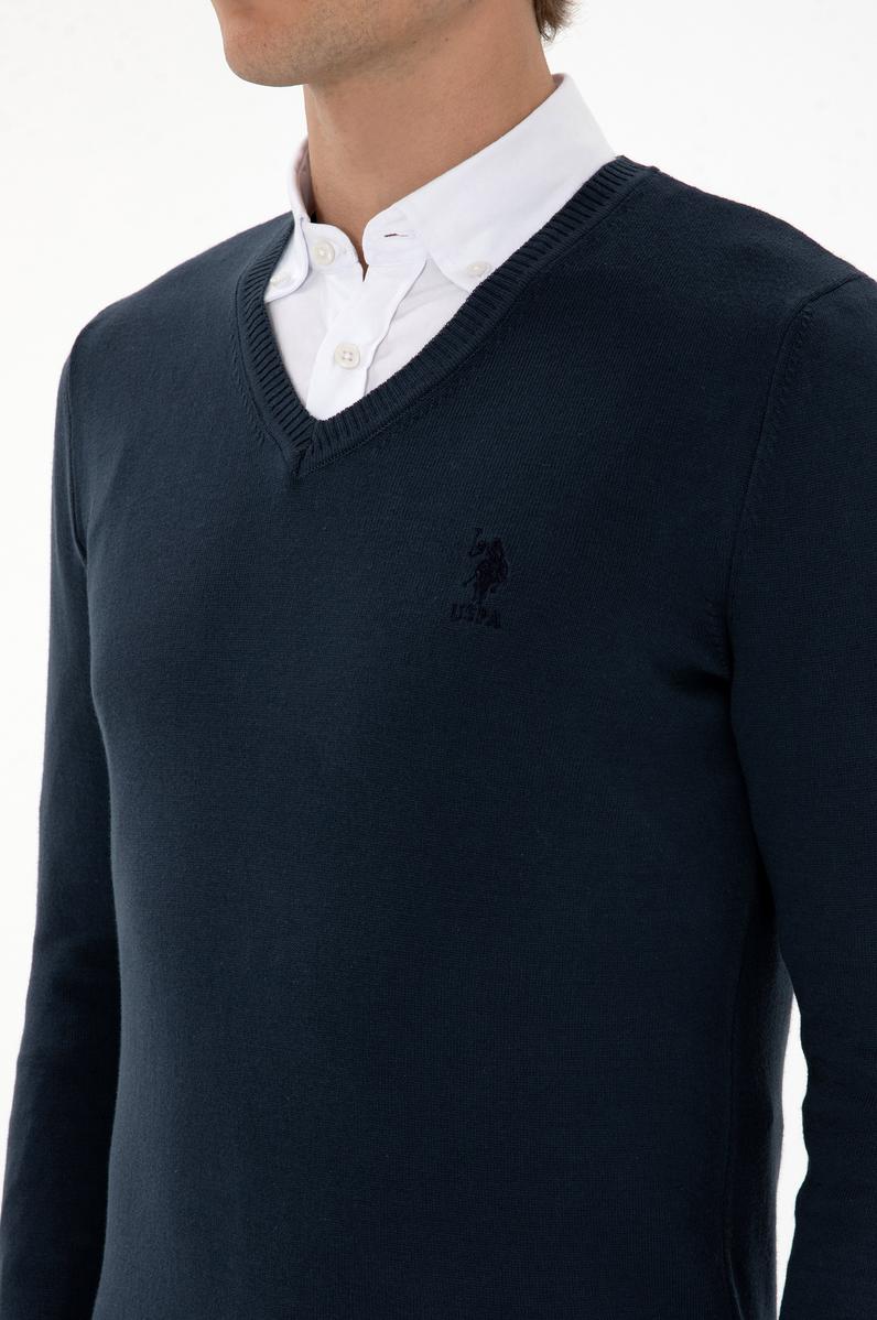 Erkek Slim Fit V Yaka Açık Lacivert Basic Kazak