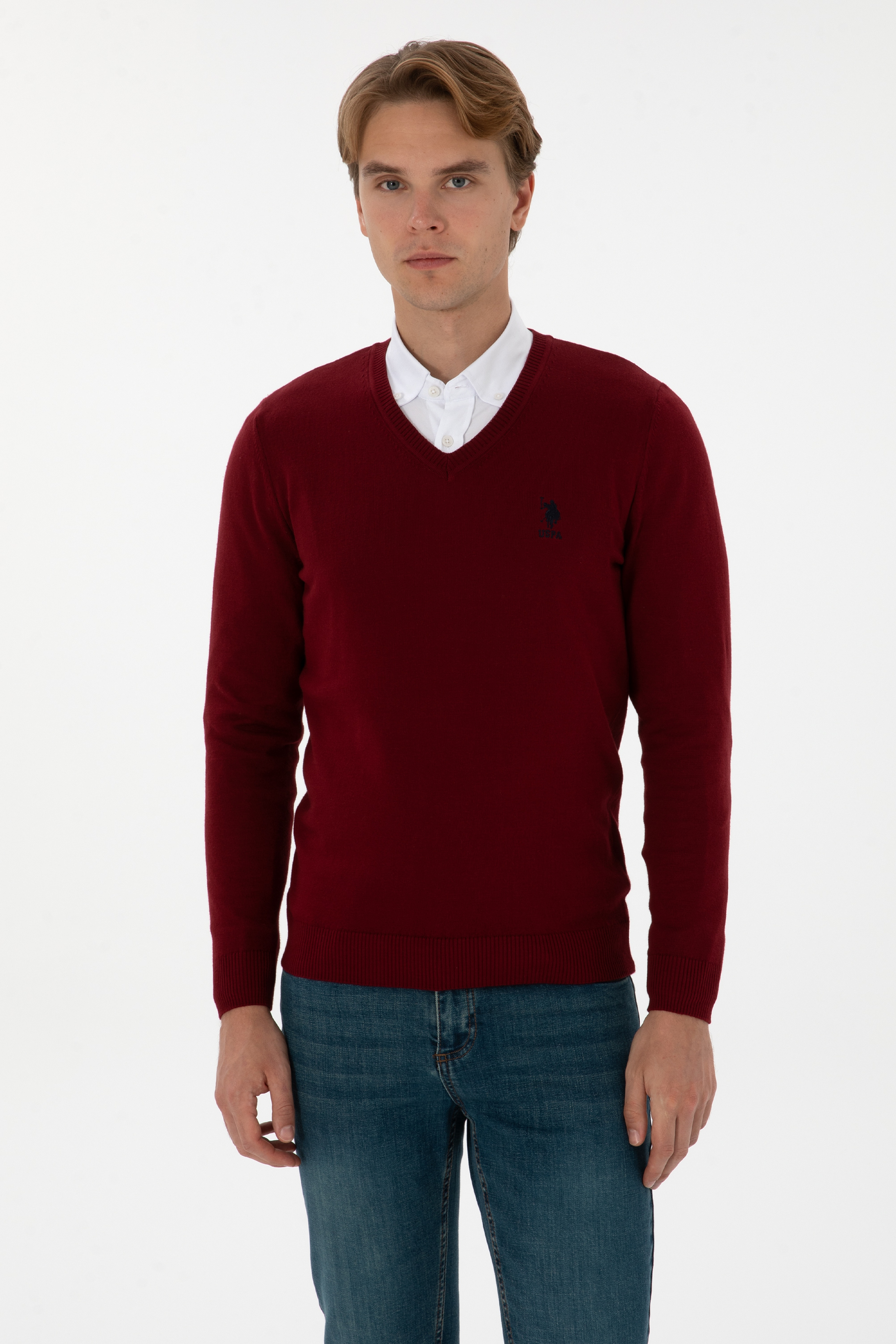 Erkek Slim Fit V Yaka Bordo Basic Kazak - Image 3