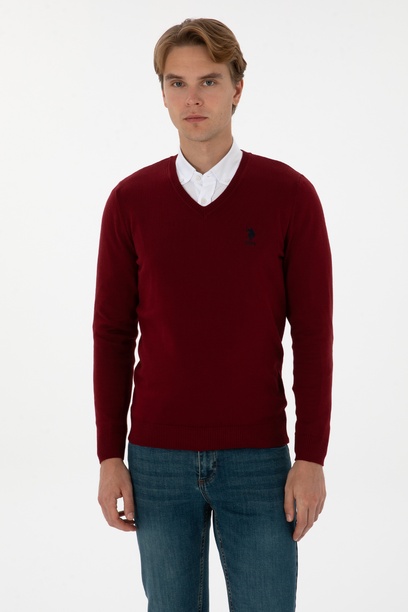 Erkek Slim Fit V Yaka Bordo Basic Kazak