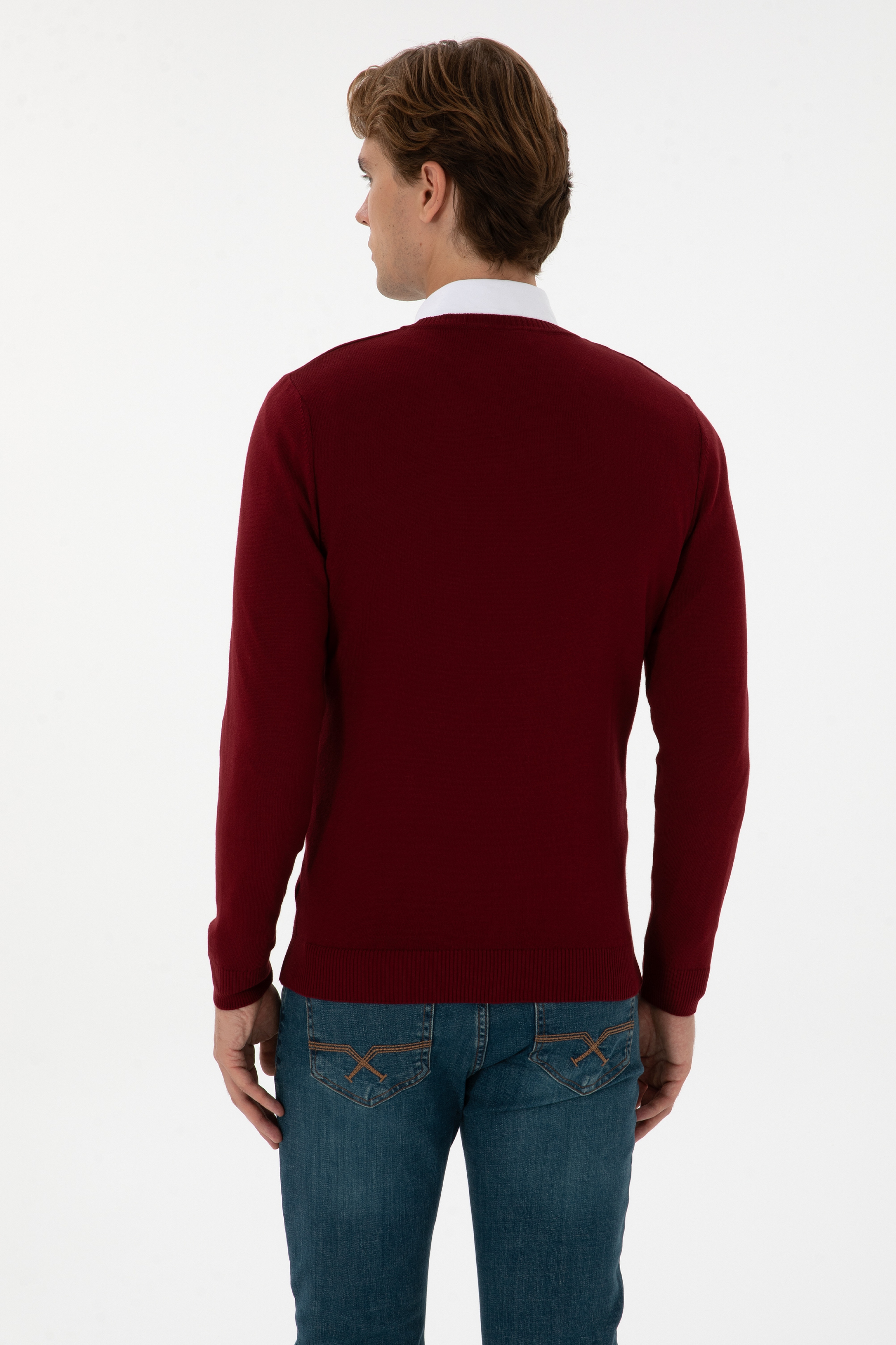Erkek Slim Fit V Yaka Bordo Basic Kazak - Image 5