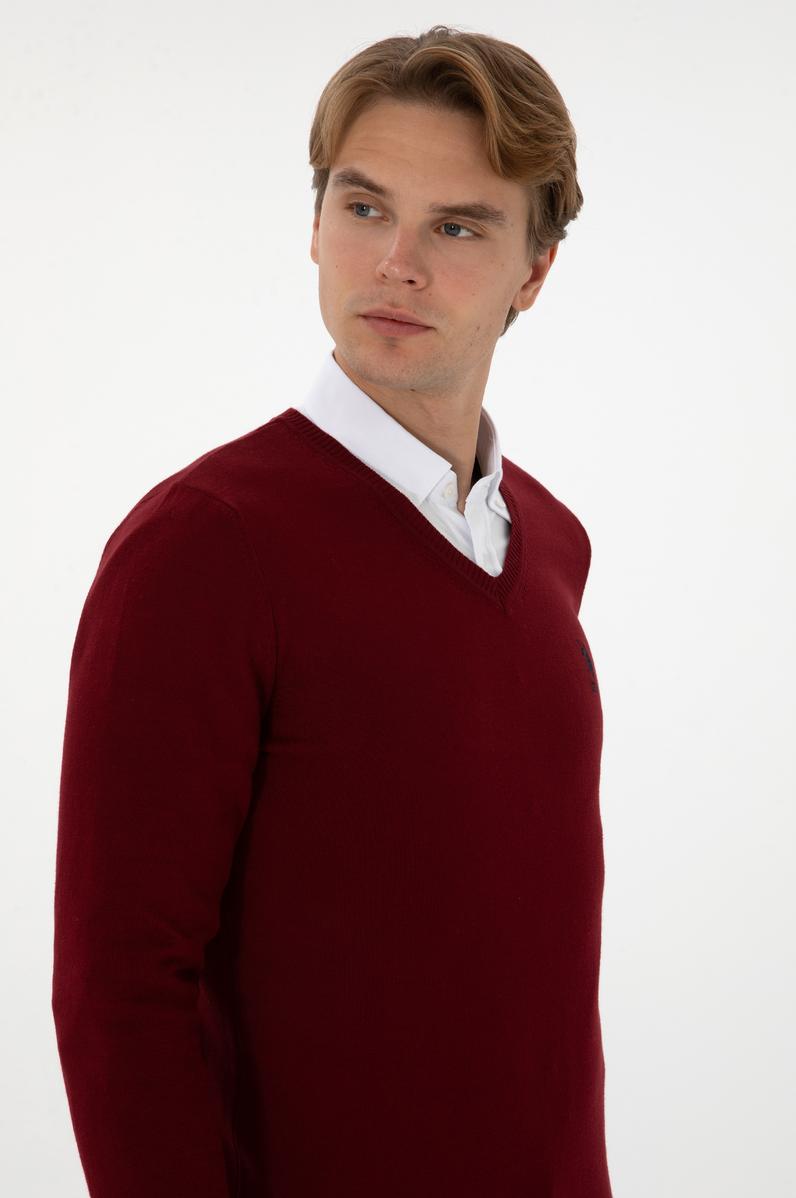 Erkek Slim Fit V Yaka Bordo Basic Kazak