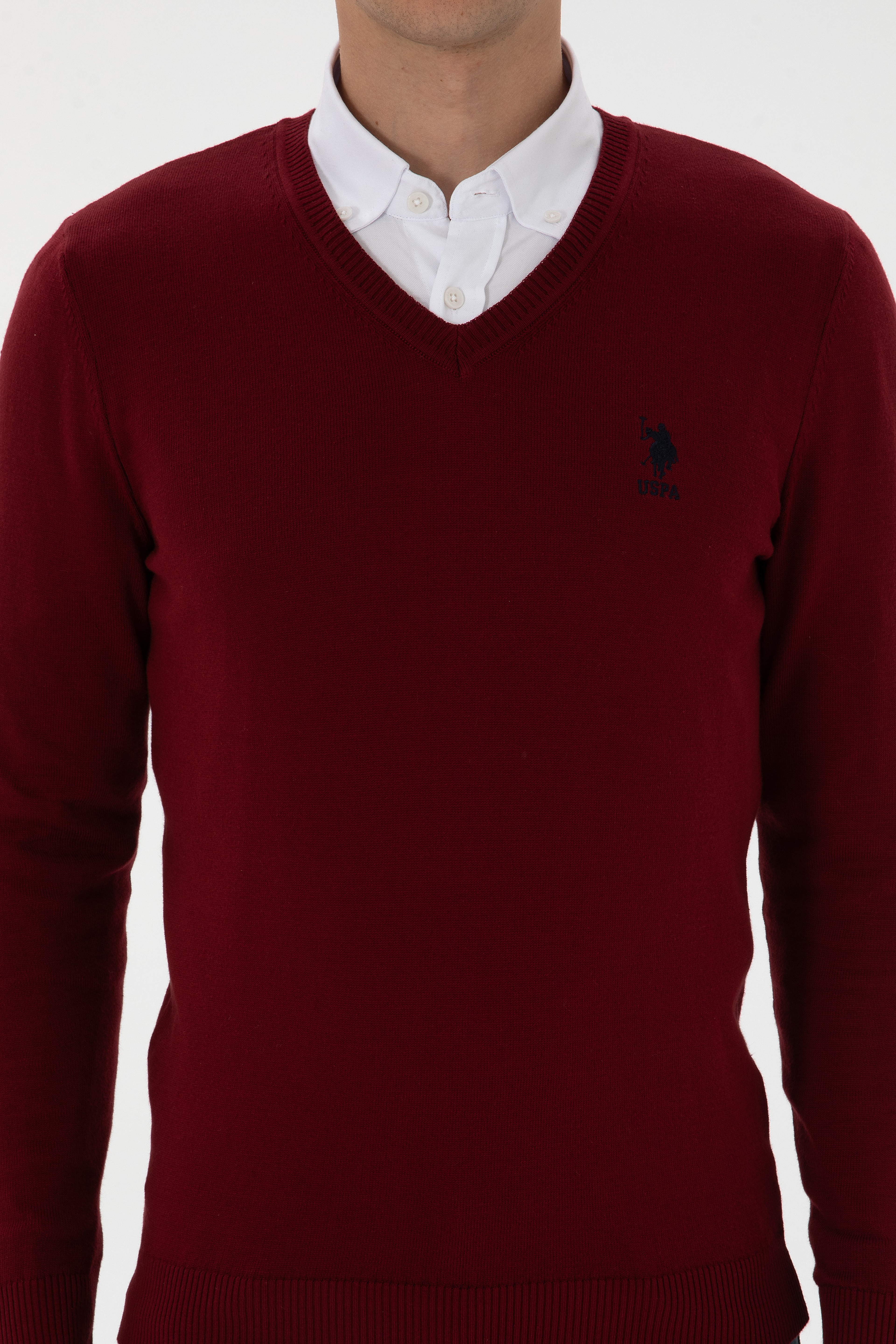 Erkek Slim Fit V Yaka Bordo Basic Kazak - Image 6