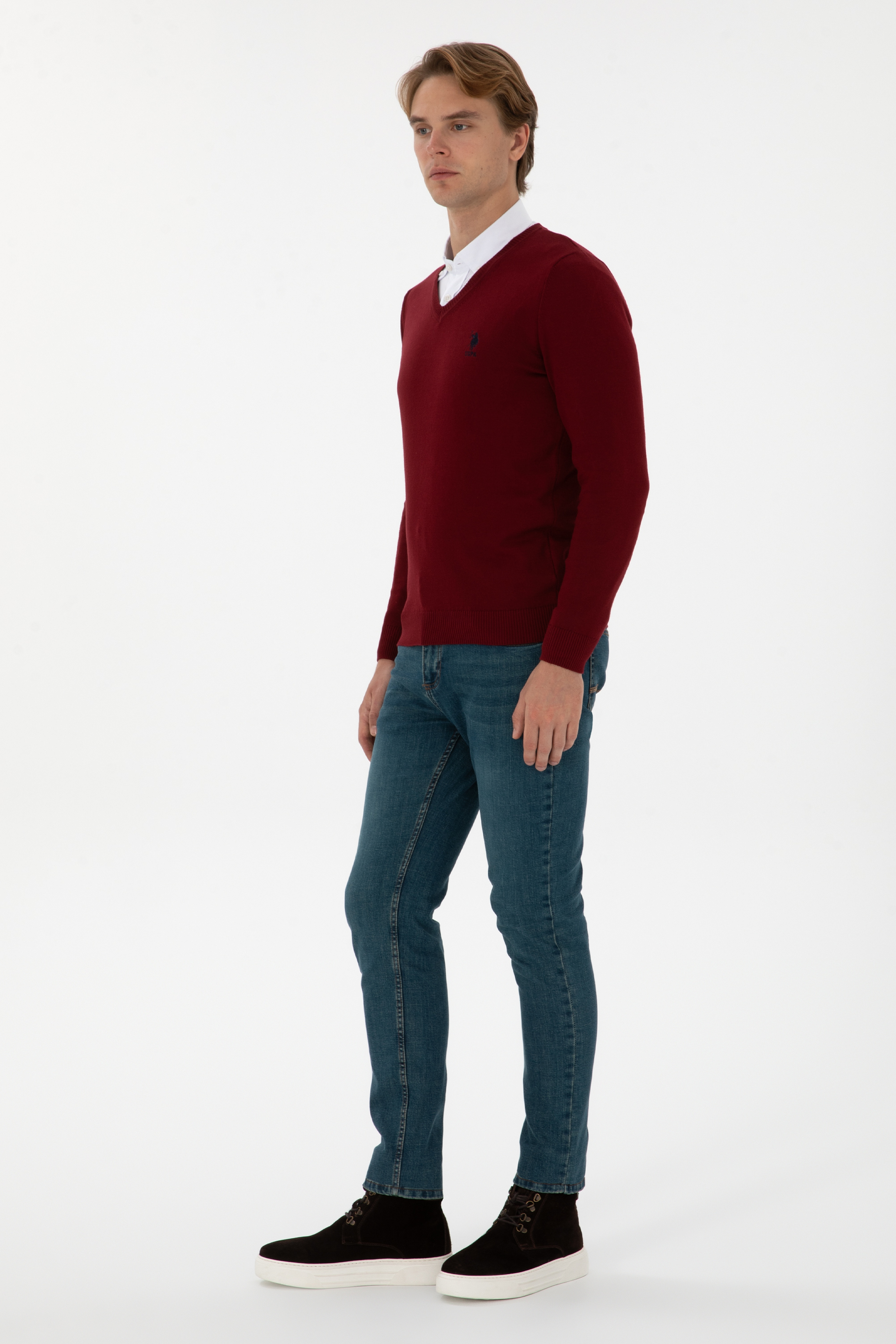 Erkek Slim Fit V Yaka Bordo Basic Kazak