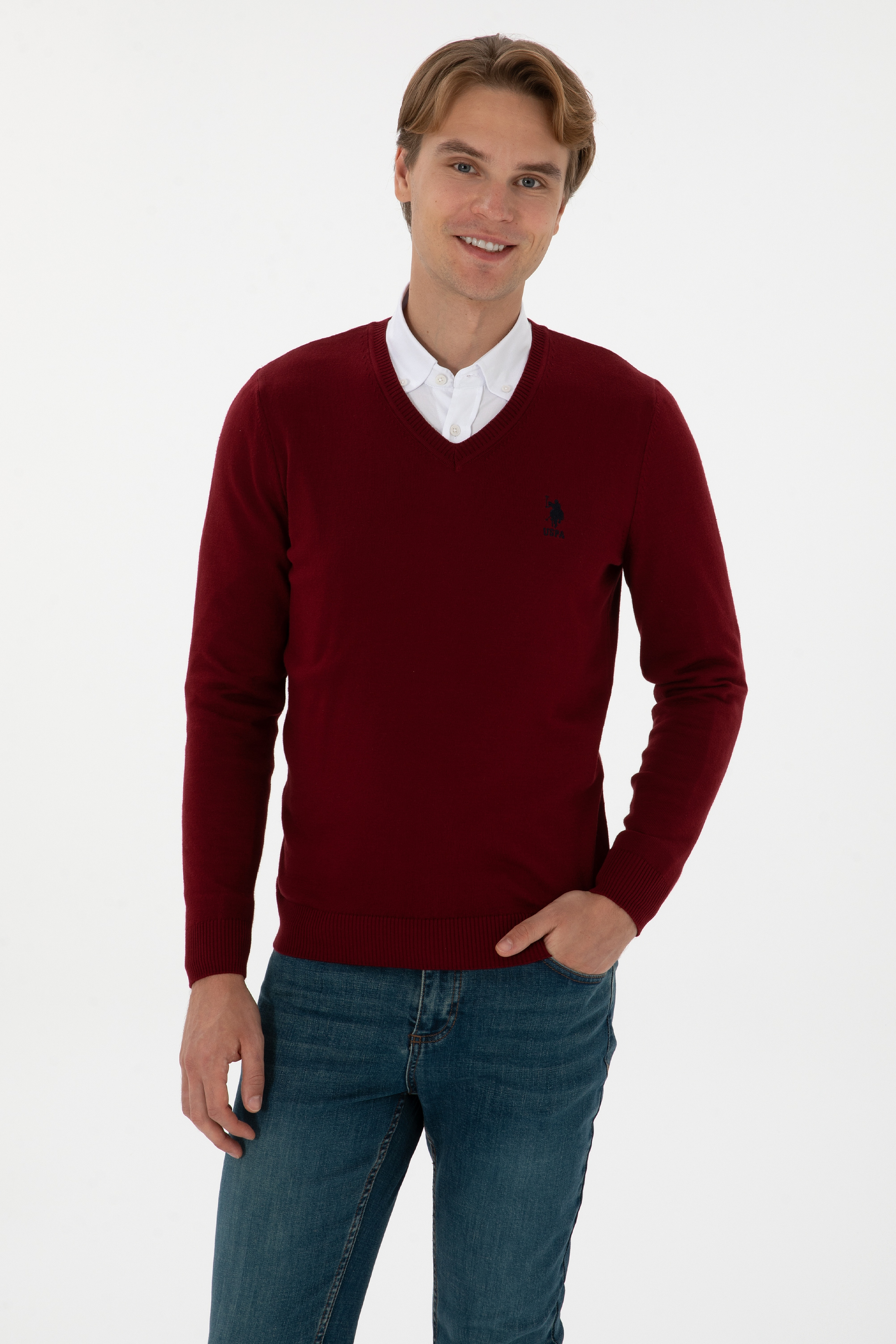 Erkek Slim Fit V Yaka Bordo Basic Kazak