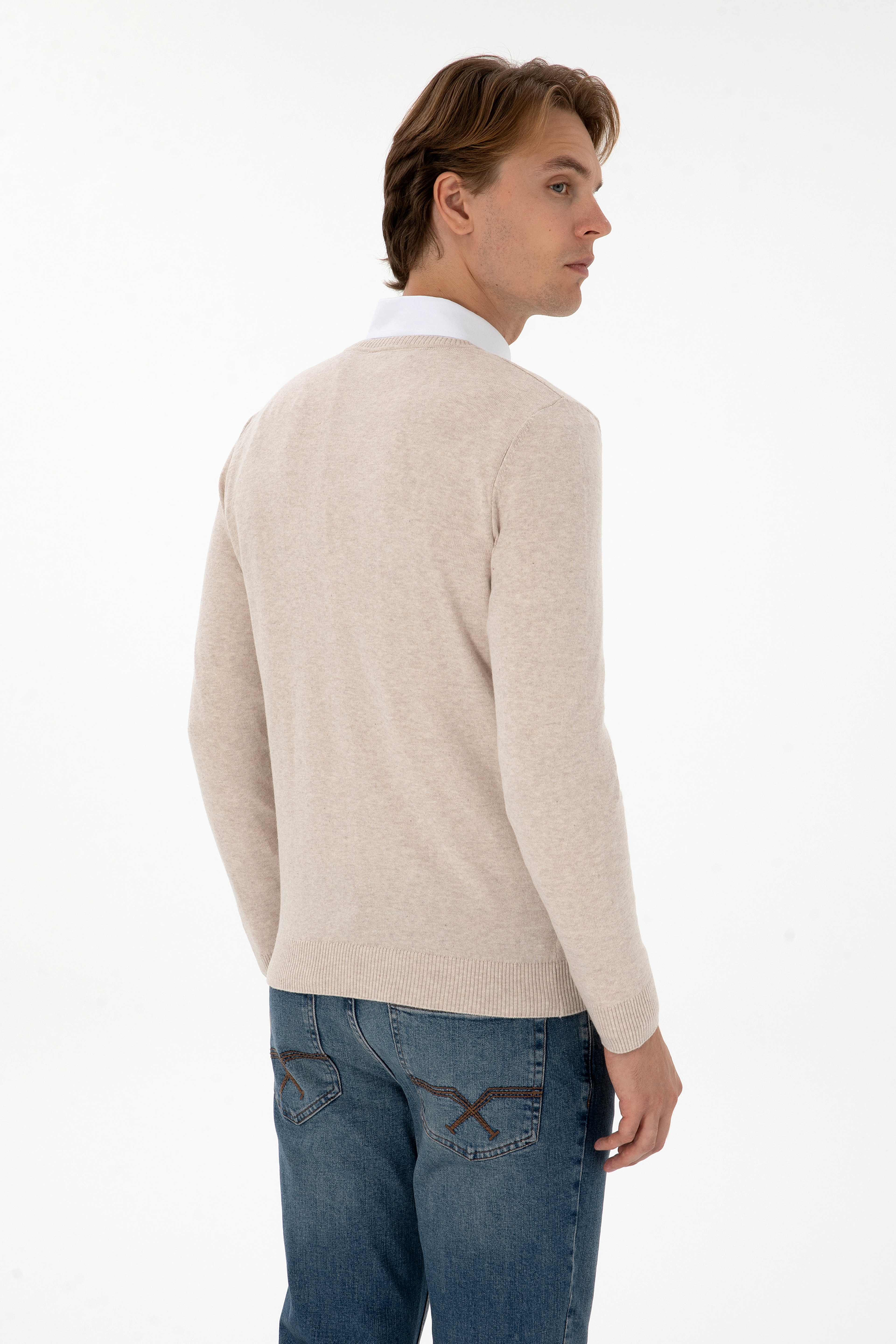 Erkek Slim Fit V Yaka Taş Melanj Basic Kazak - Image 5