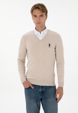 Erkek Slim Fit V Yaka Taş Melanj Basic Kazak - 50307745042