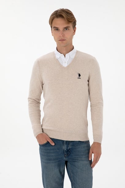 Erkek Slim Fit V Yaka Taş Melanj Basic Kazak