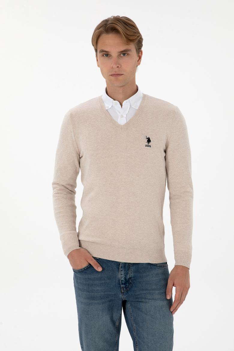 Erkek Slim Fit V Yaka Taş Melanj Basic Kazak