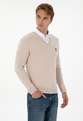 Erkek Slim Fit V Yaka Taş Melanj Basic Kazak - 50307745042