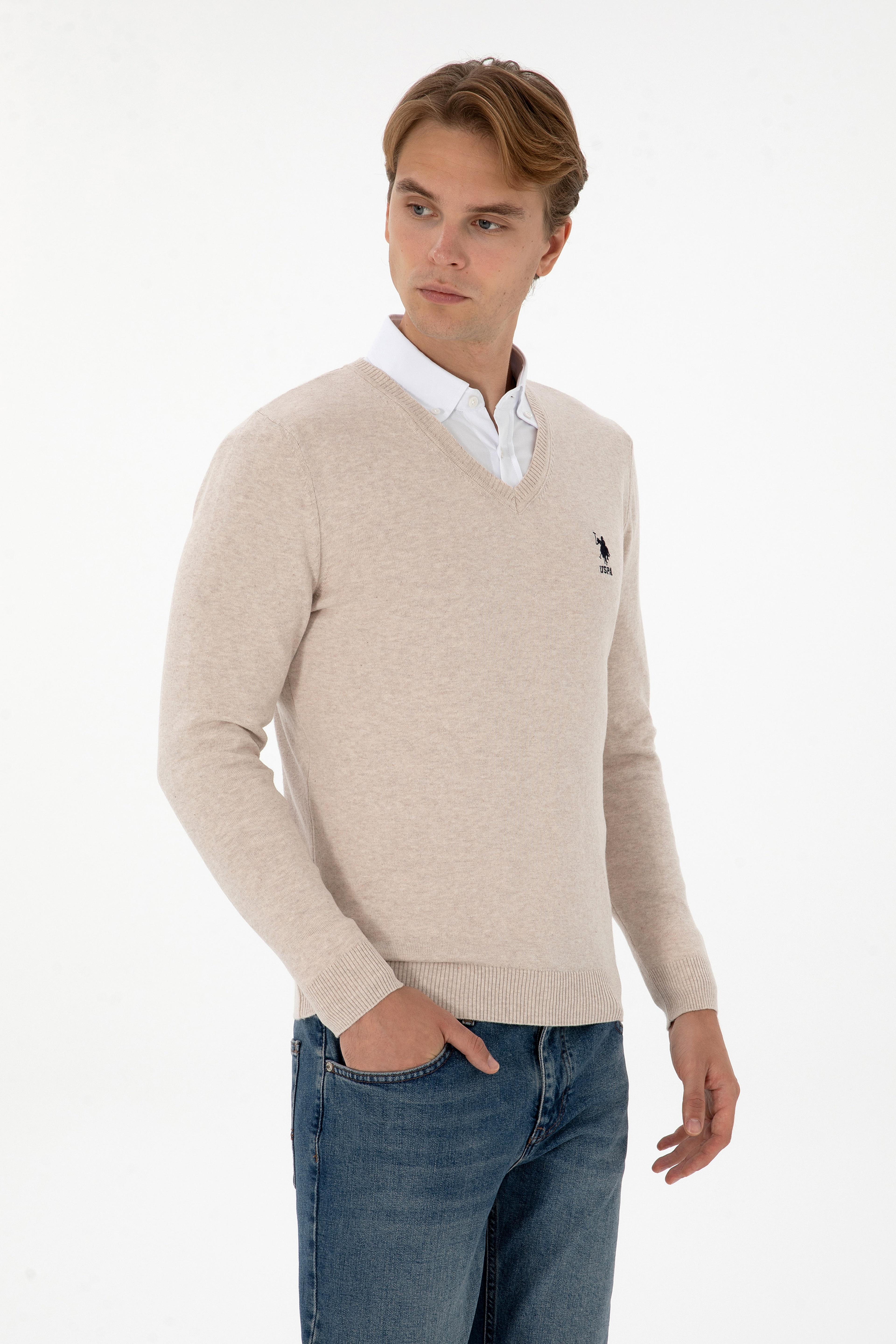 Erkek Slim Fit V Yaka Taş Melanj Basic Kazak - Image 3