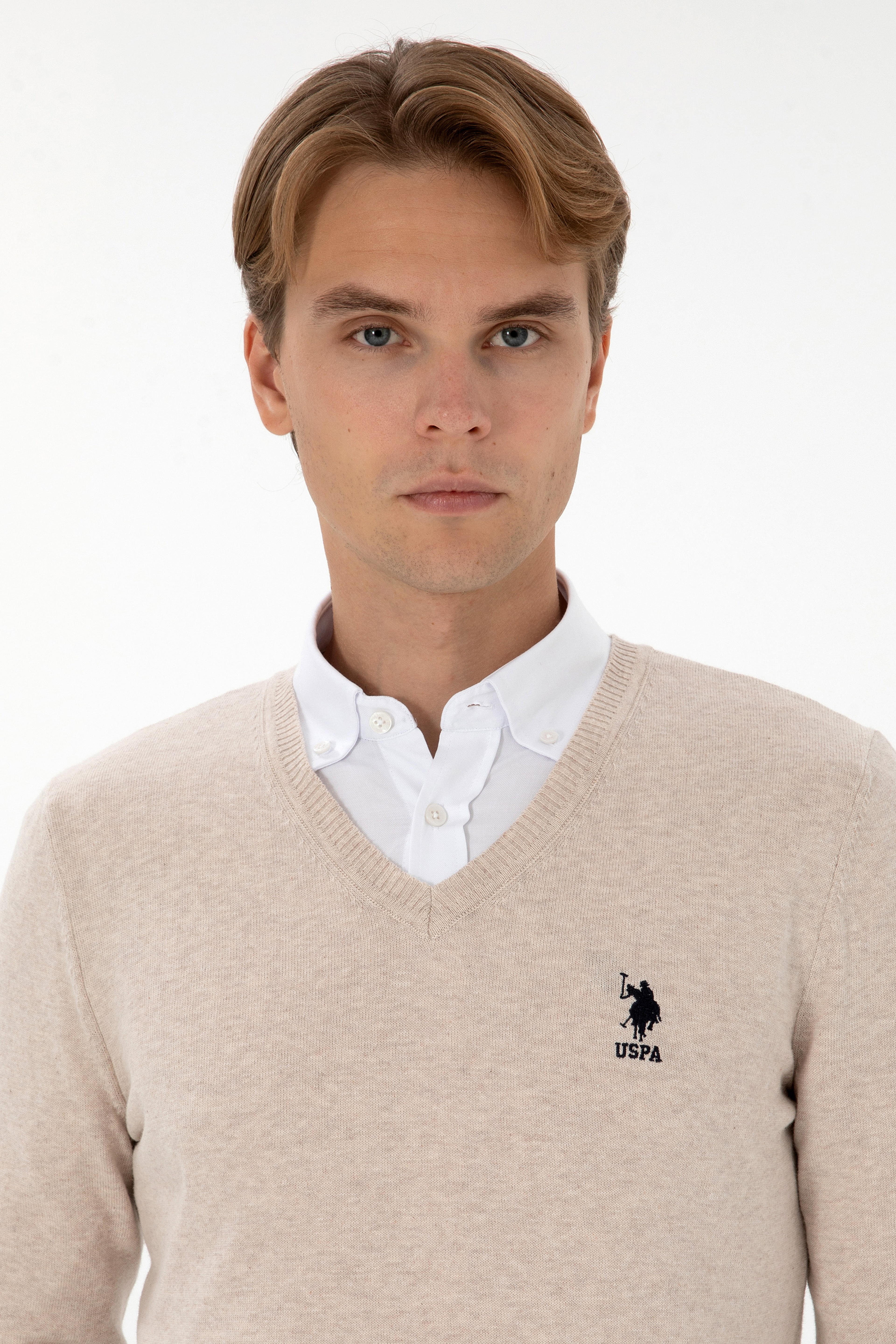 Erkek Slim Fit V Yaka Taş Melanj Basic Kazak - Image 2