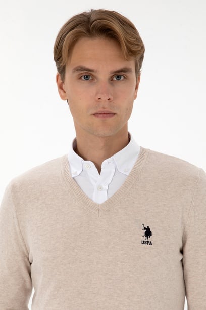 Erkek Slim Fit V Yaka Taş Melanj Basic Kazak