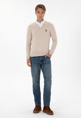 Erkek Slim Fit V Yaka Taş Melanj Basic Kazak - 50307745042