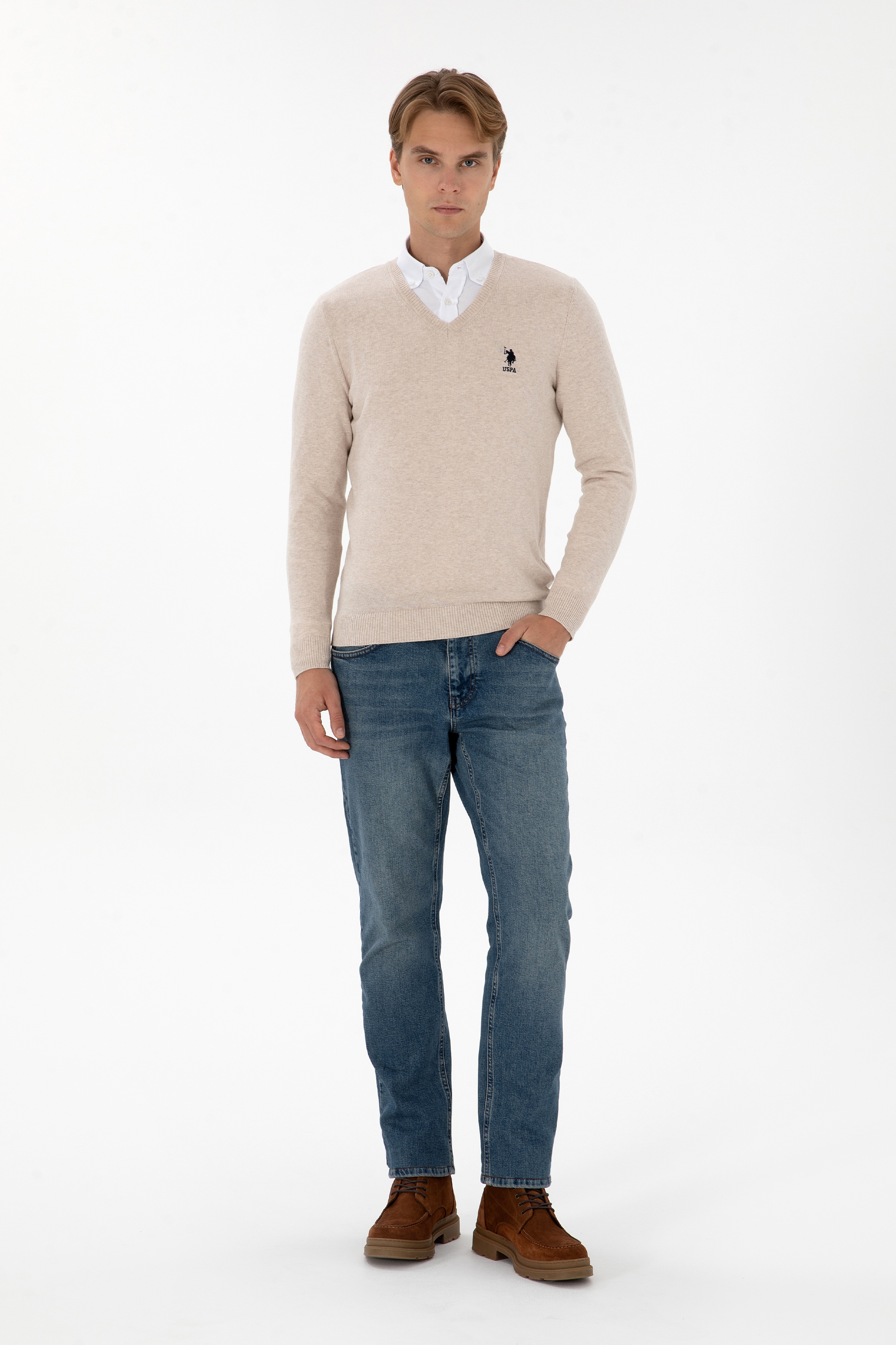 Erkek Slim Fit V Yaka Taş Melanj Basic Kazak