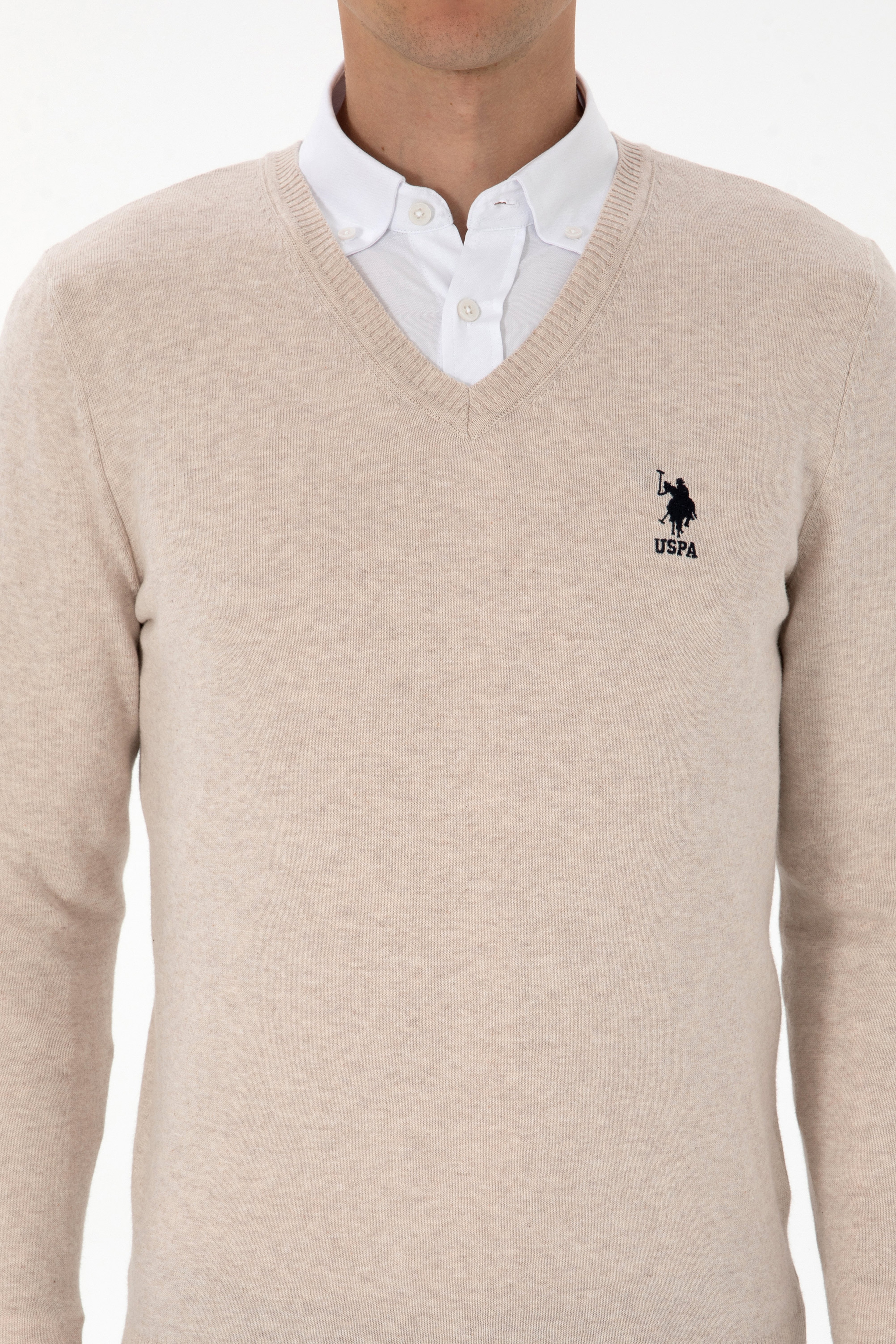 Erkek Slim Fit V Yaka Taş Melanj Basic Kazak