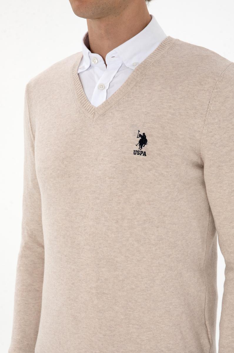 Erkek Slim Fit V Yaka Taş Melanj Basic Kazak