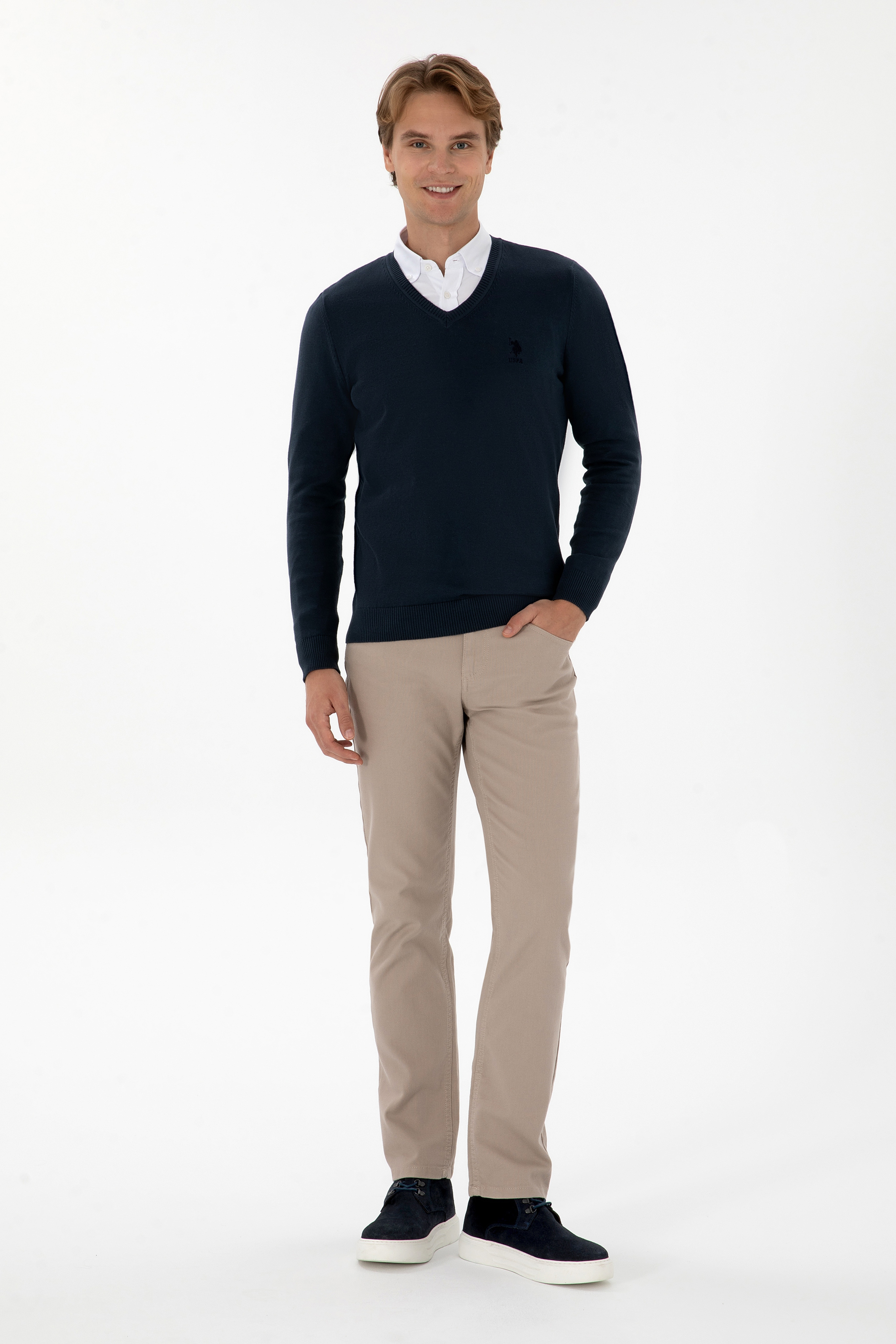 Erkek Slim Fit V Yaka Açık Lacivert Basic Kazak - Image 4