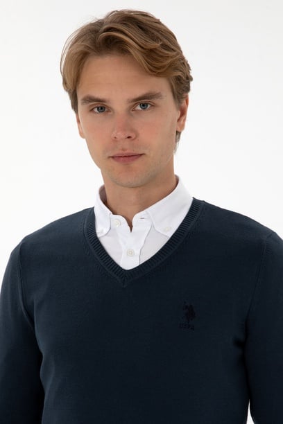 Erkek Slim Fit V Yaka Açık Lacivert Basic Kazak