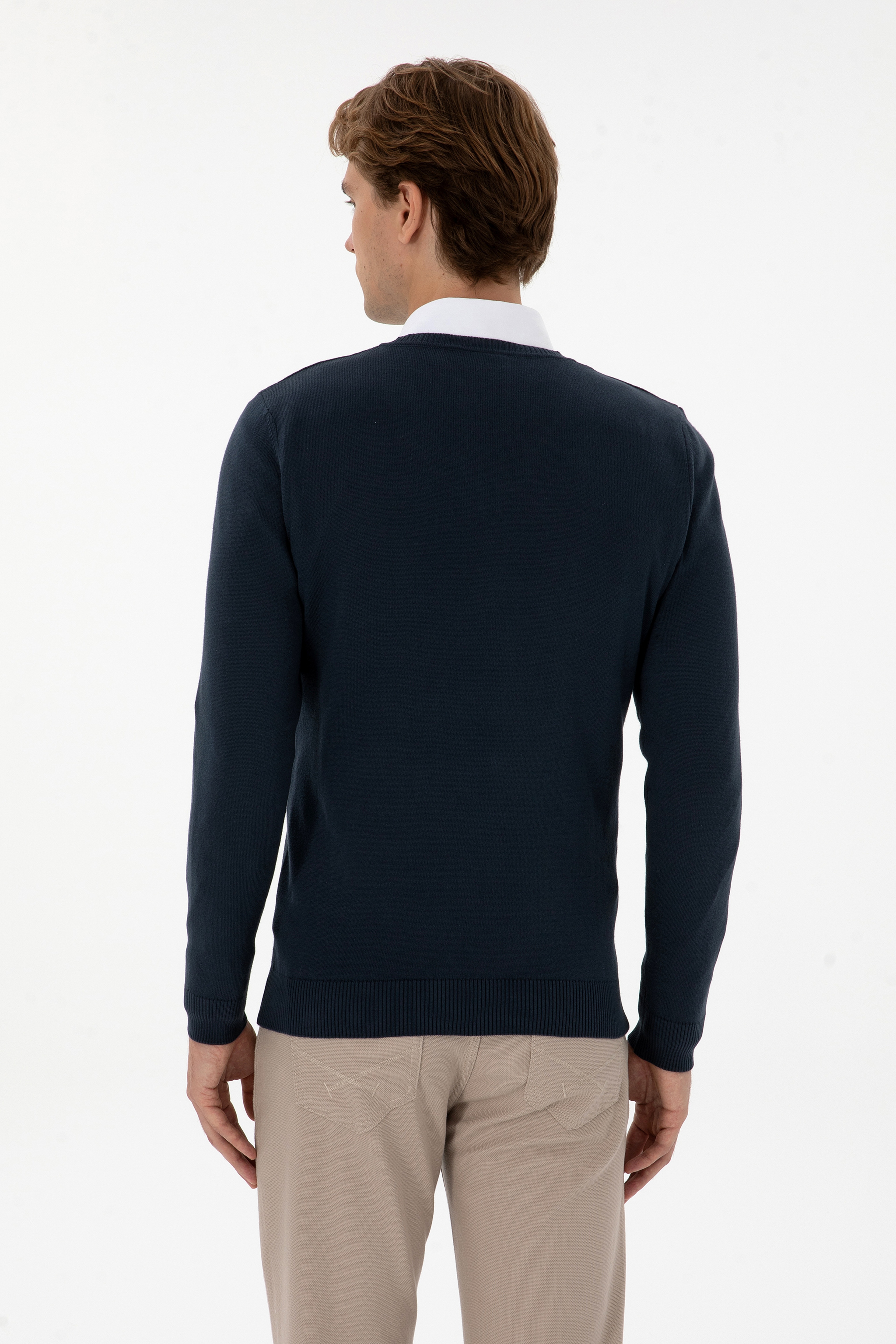 Erkek Slim Fit V Yaka Açık Lacivert Basic Kazak - Image 5