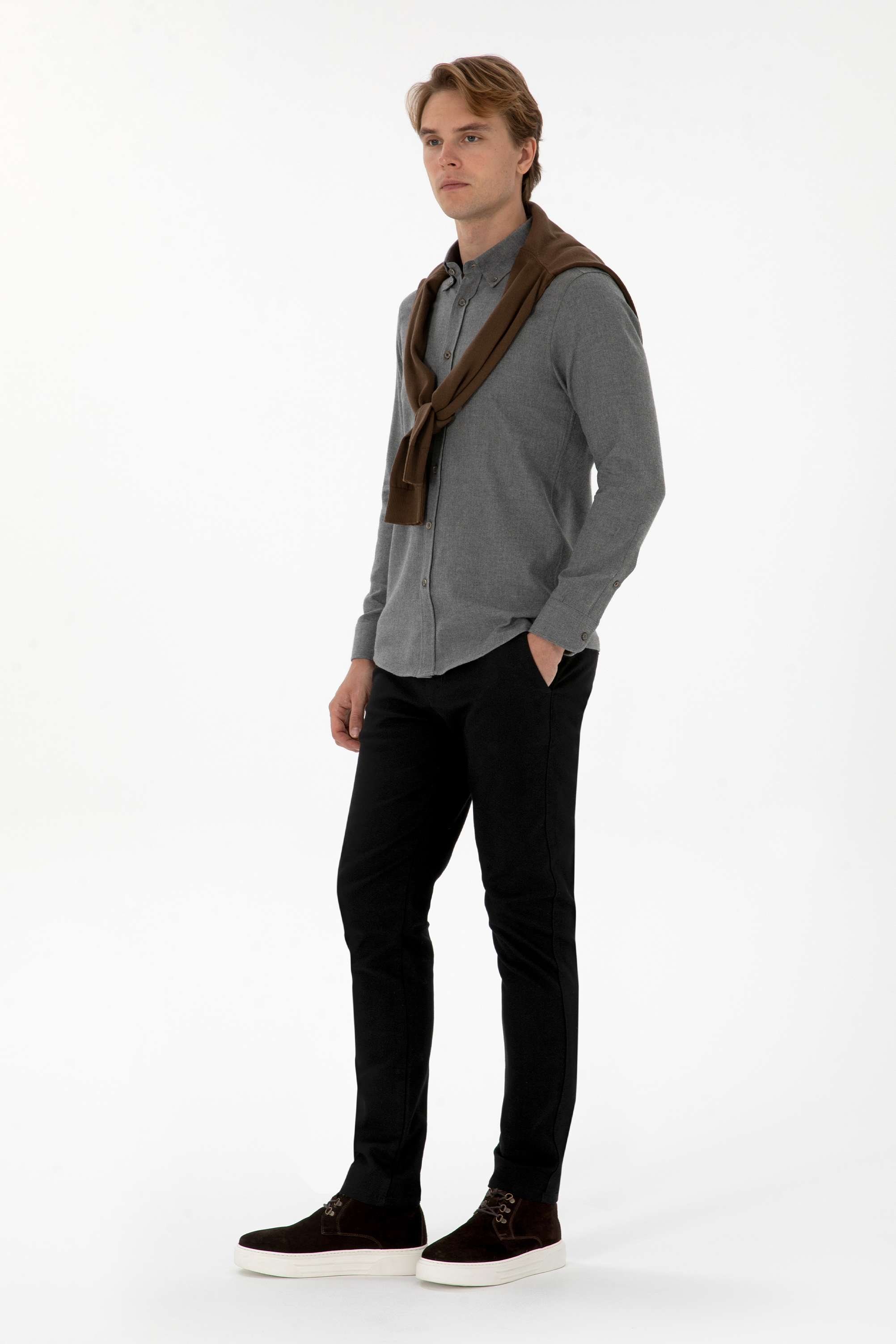 Erkek Gri Uzun Kollu Basic Gömlek - 50307686217