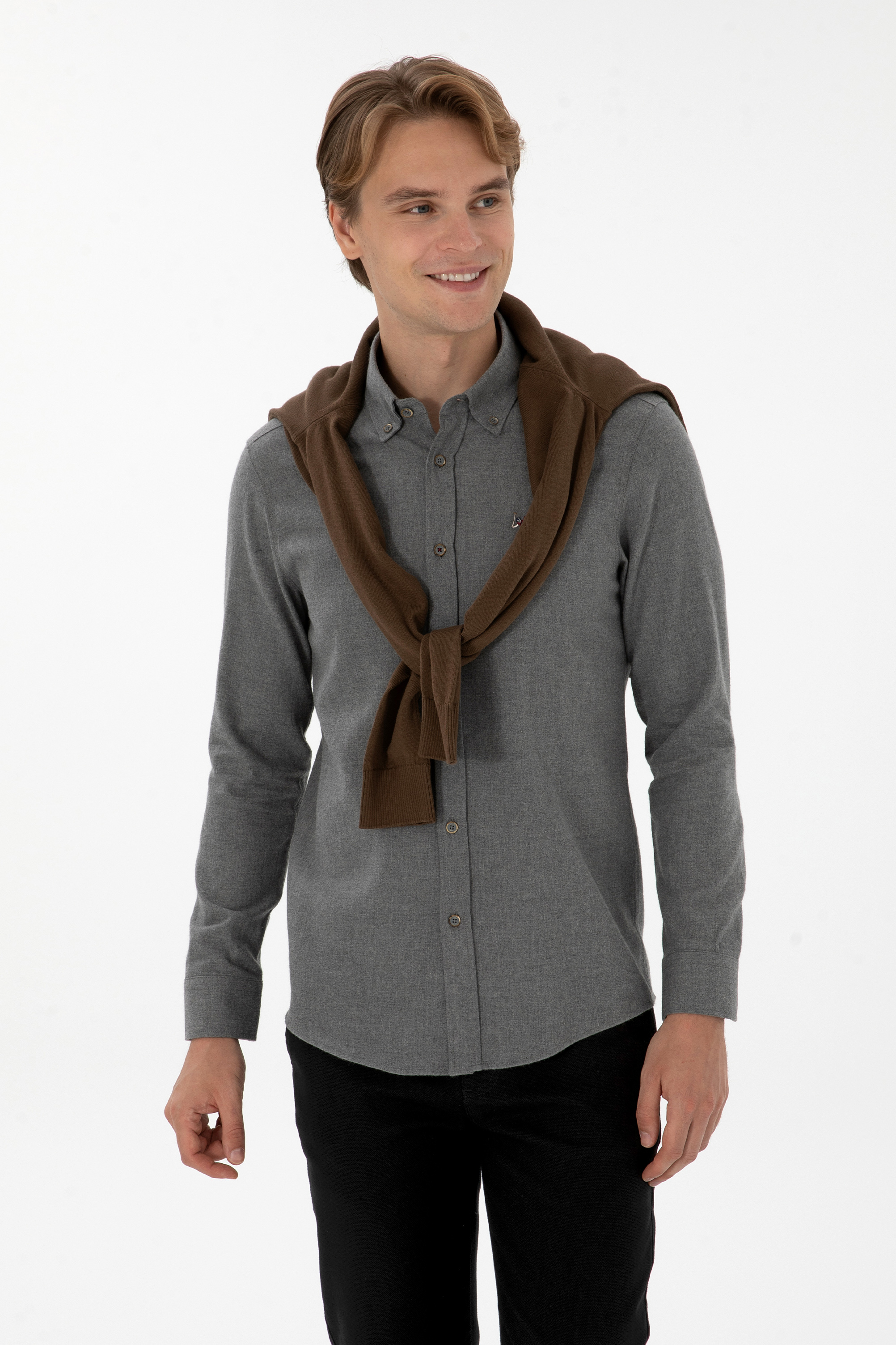 Erkek Gri Uzun Kollu Basic Gömlek - 50307686217