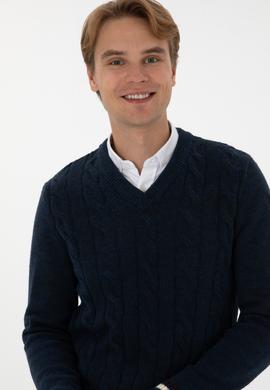 Erkek Regular Fit V Yaka Lacivert Kazak - 50308337008