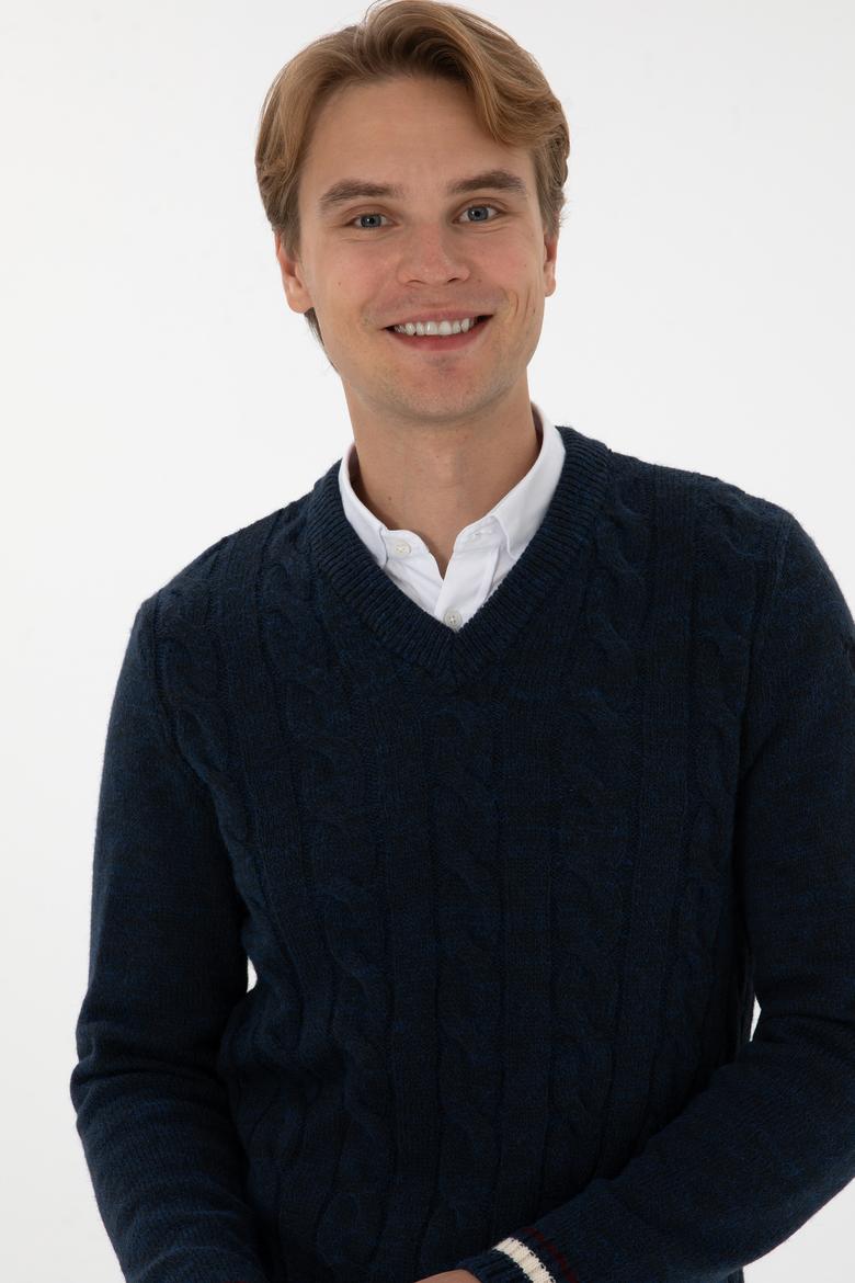 Erkek Regular Fit V Yaka Lacivert Kazak - 50308337008