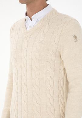 Erkek Regular Fit V Yaka Krem Kazak - 50308337026