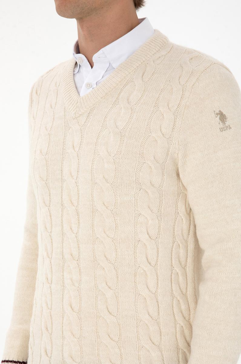 Erkek Regular Fit V Yaka Krem Kazak