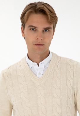 Erkek Regular Fit V Yaka Krem Kazak - 50308337026
