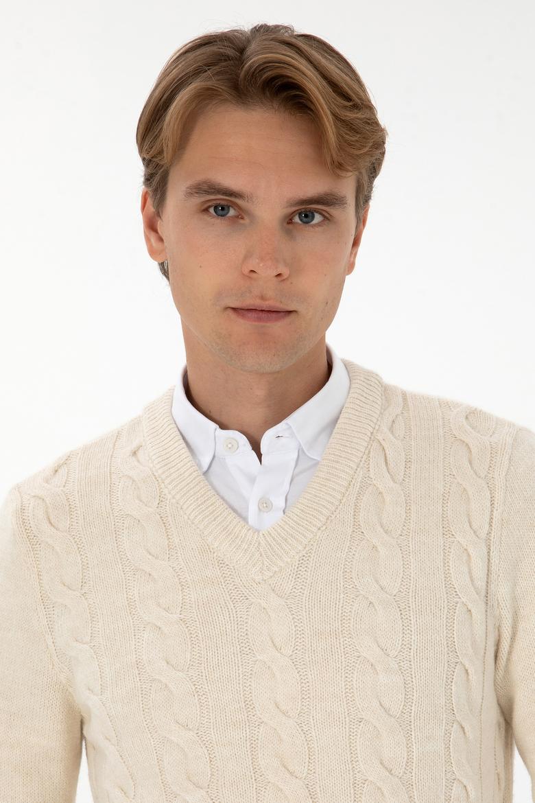 Erkek Regular Fit V Yaka Krem Kazak - 50308337026