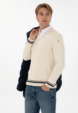 Erkek Regular Fit V Yaka Krem Kazak - 50308337026