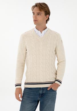 Erkek Regular Fit V Yaka Krem Kazak - 50308337026