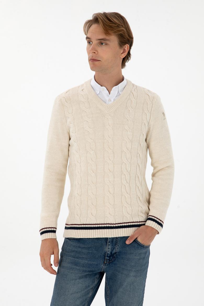 Erkek Regular Fit V Yaka Krem Kazak