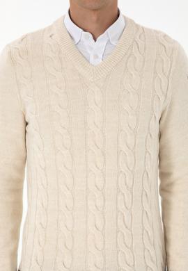 Erkek Regular Fit V Yaka Krem Kazak - 50308337026